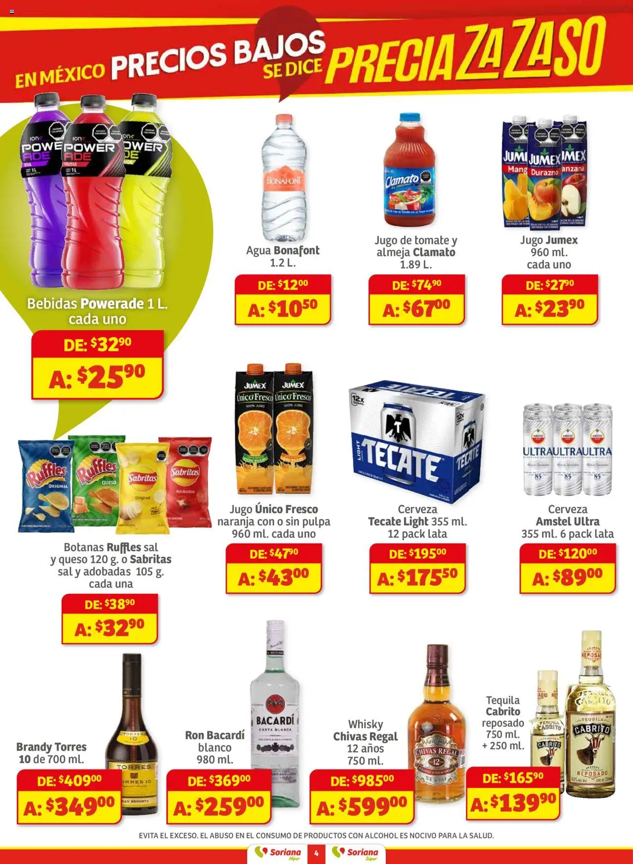 Nuevas ofertas de Soriana válidas en toda la República Mexicana desde el 01.08.2025. ¡Encuentra las mejores ofertas en Soriana - Preciazazaso Híper: Chi, Coah, Dur, NL, SLP, Tama, Zac! | Página: 4 | Productos: Sal, Queso, Cerveza, Whisky