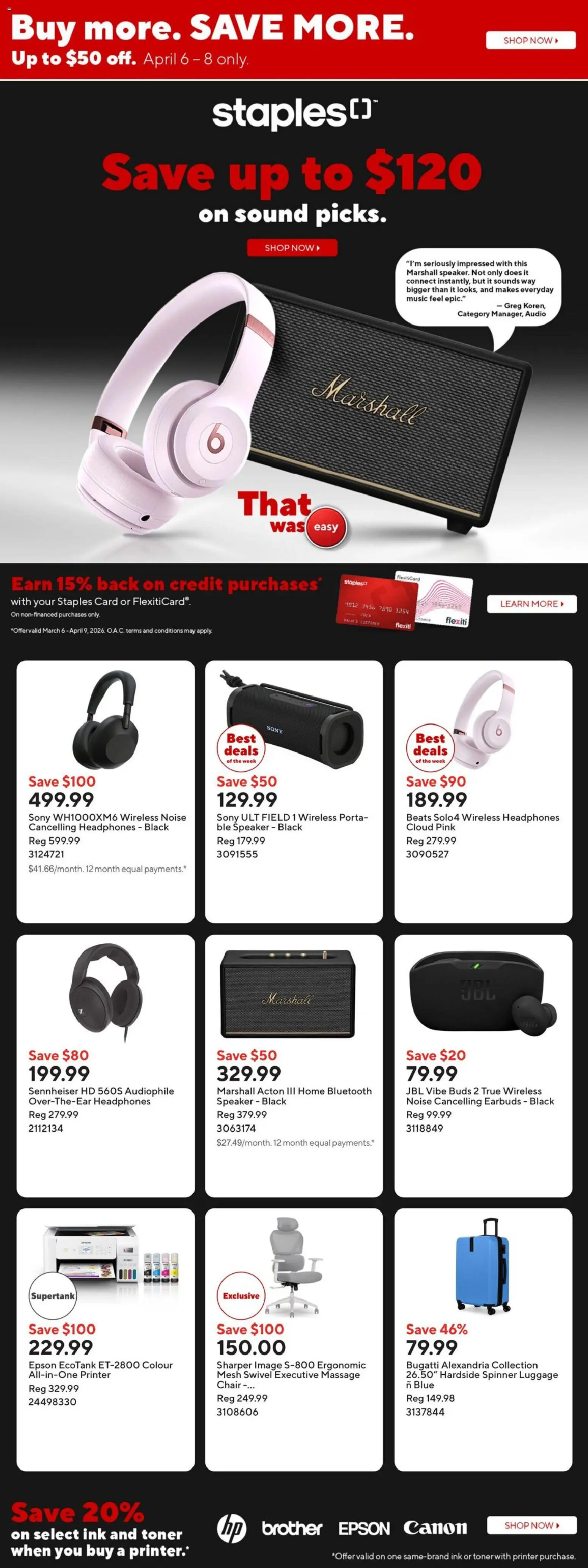 Staples flyer valid from 03.04.2026 | Page: 1 | Products: Luggage, Printer, Audio, Toner