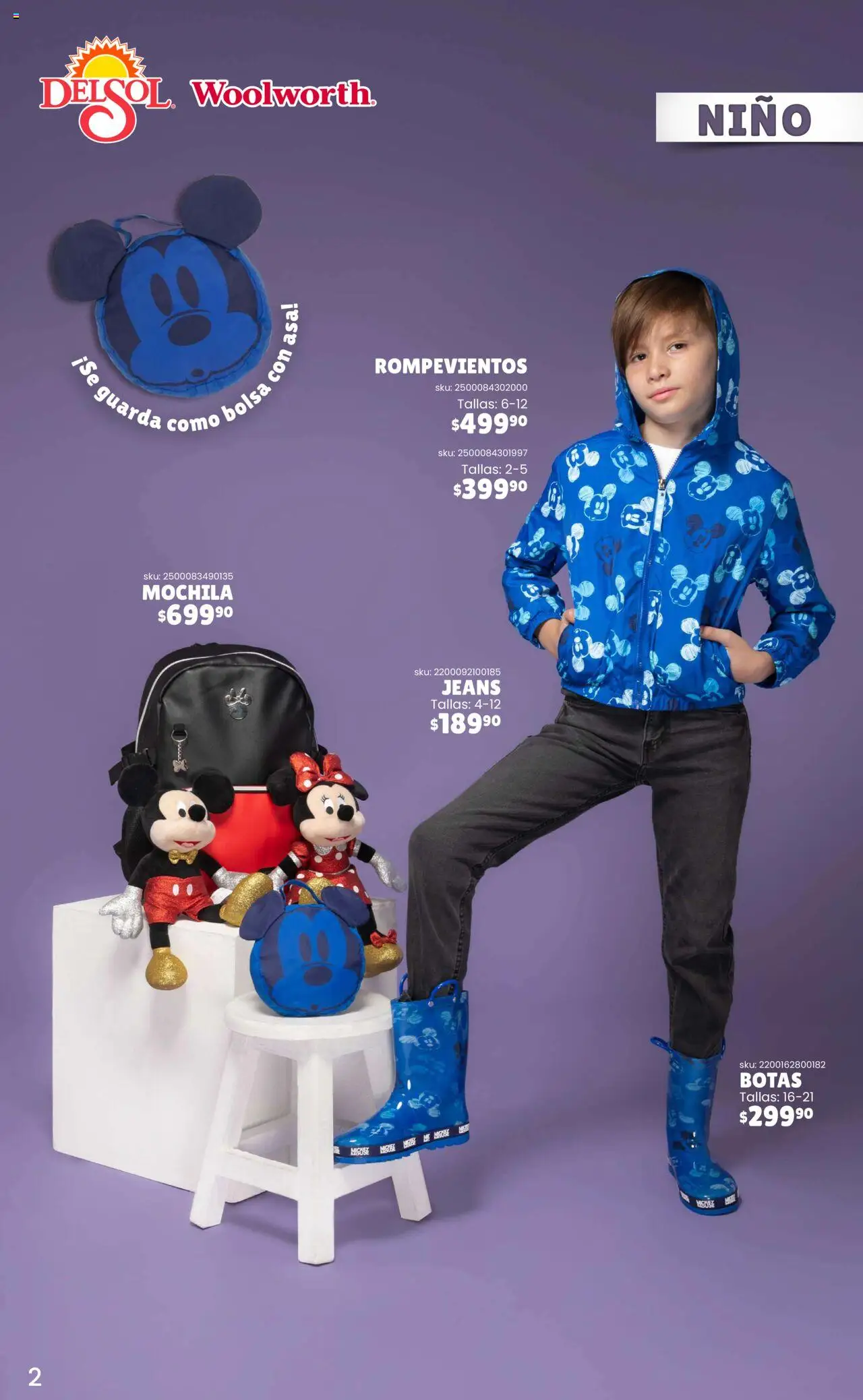 Nuevas ofertas de Del Sol y Woolworth válidas en toda la República Mexicana desde el 25.09.2025. ¡Encuentra las mejores ofertas en Del Sol y Woolworth - Catálogo Rompevientos Disney! | Página: 2 | Productos: Botas, Mochila