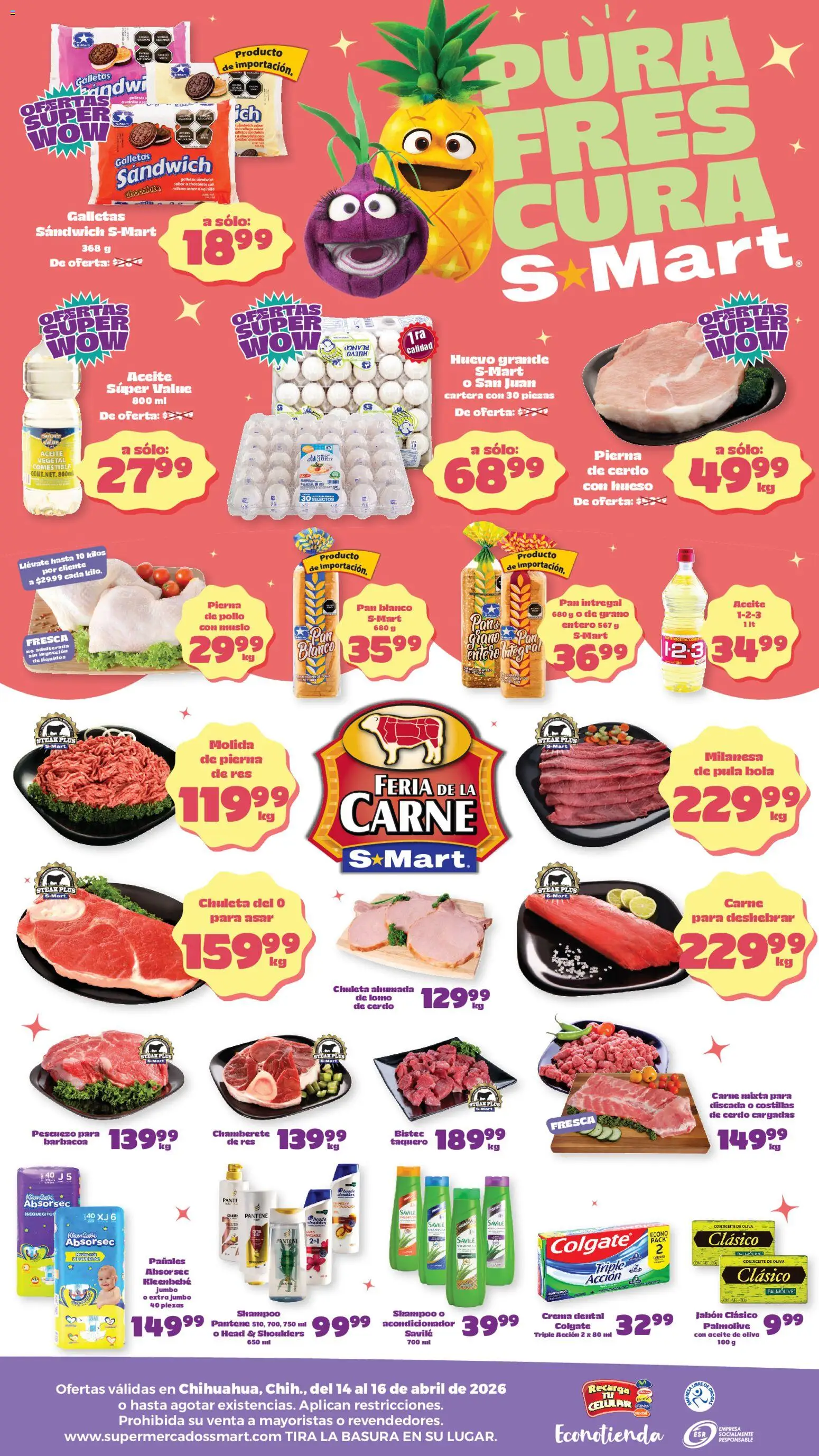 Nuevas ofertas de S-Mart válidas en toda la República Mexicana desde el 14.04.2026. ¡Encuentra las mejores ofertas en S-Mart folleto Chihuahua! | Página: 2 | Productos: Pollo, Pan, Res, Galletas