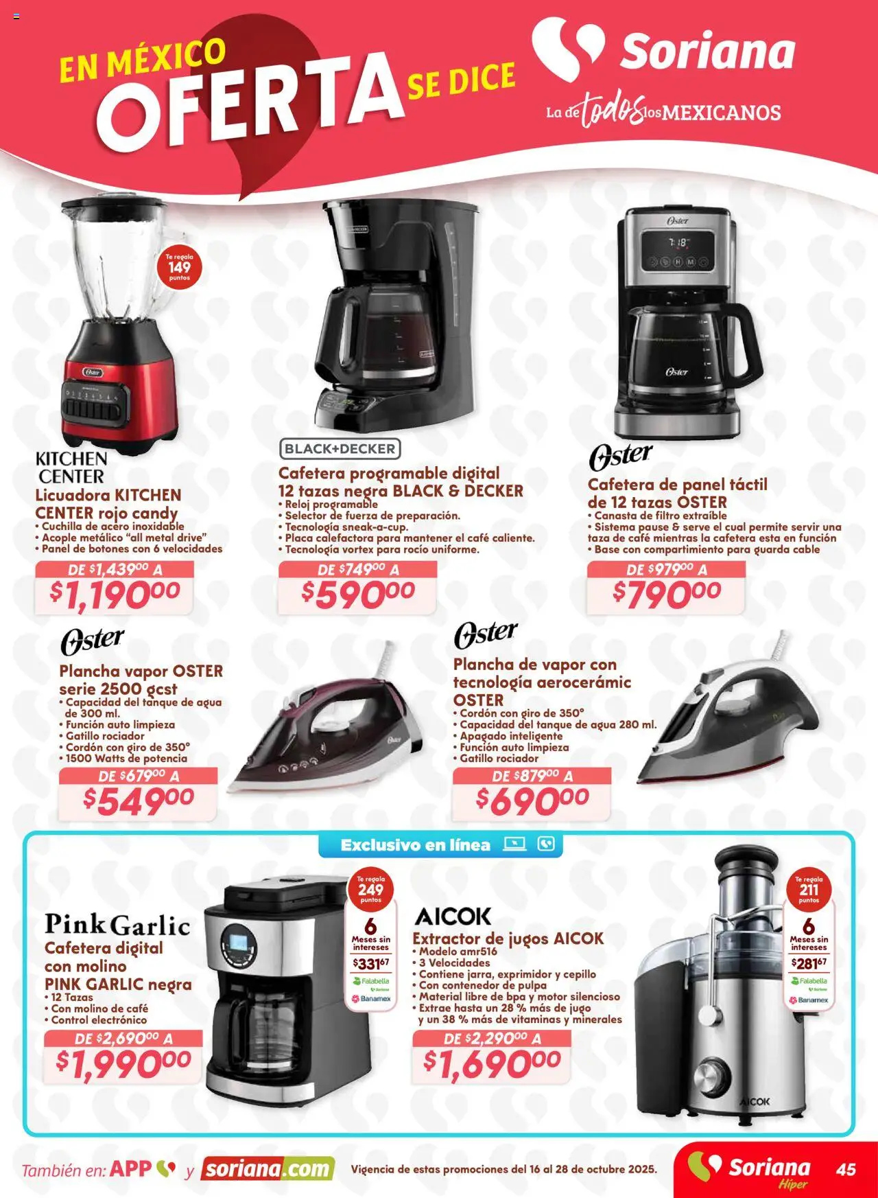 Nuevas ofertas de Soriana válidas en toda la República Mexicana desde el 16.10.2025. ¡Encuentra las mejores ofertas en Soriana - Preciazazaso Híper: BCS, Jal, Nay, Sin, Son! | Página: 45 | Productos: Café, Cafetera, Contenedor, Reloj