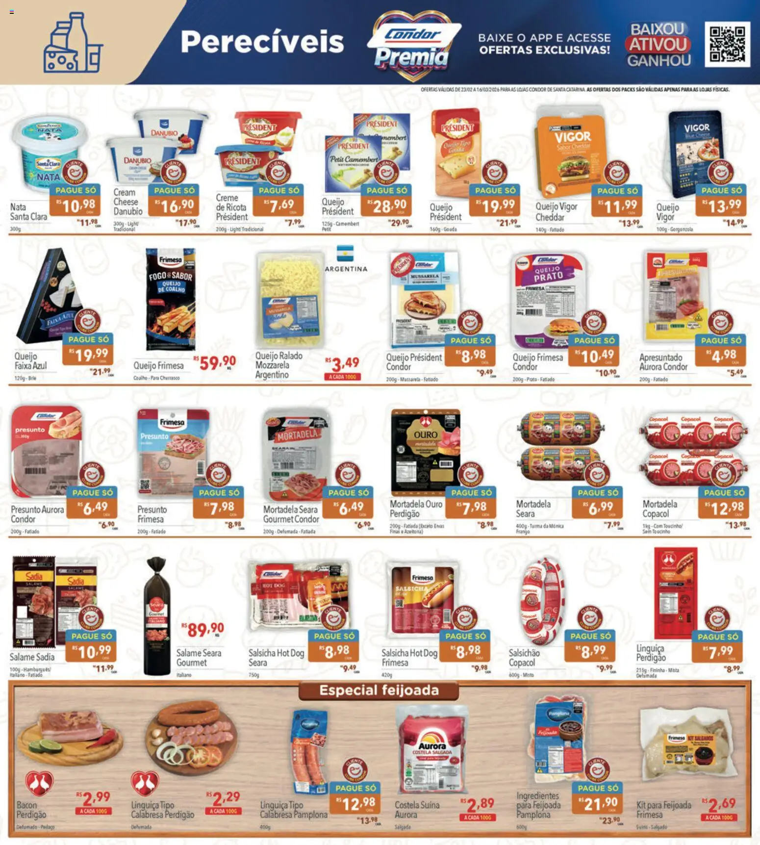 Supermercados Condor Folheto - válido de 23.02.2026 | Página: 14 | Produtos: Linguiça, Cheddar, Nata, Mussarela