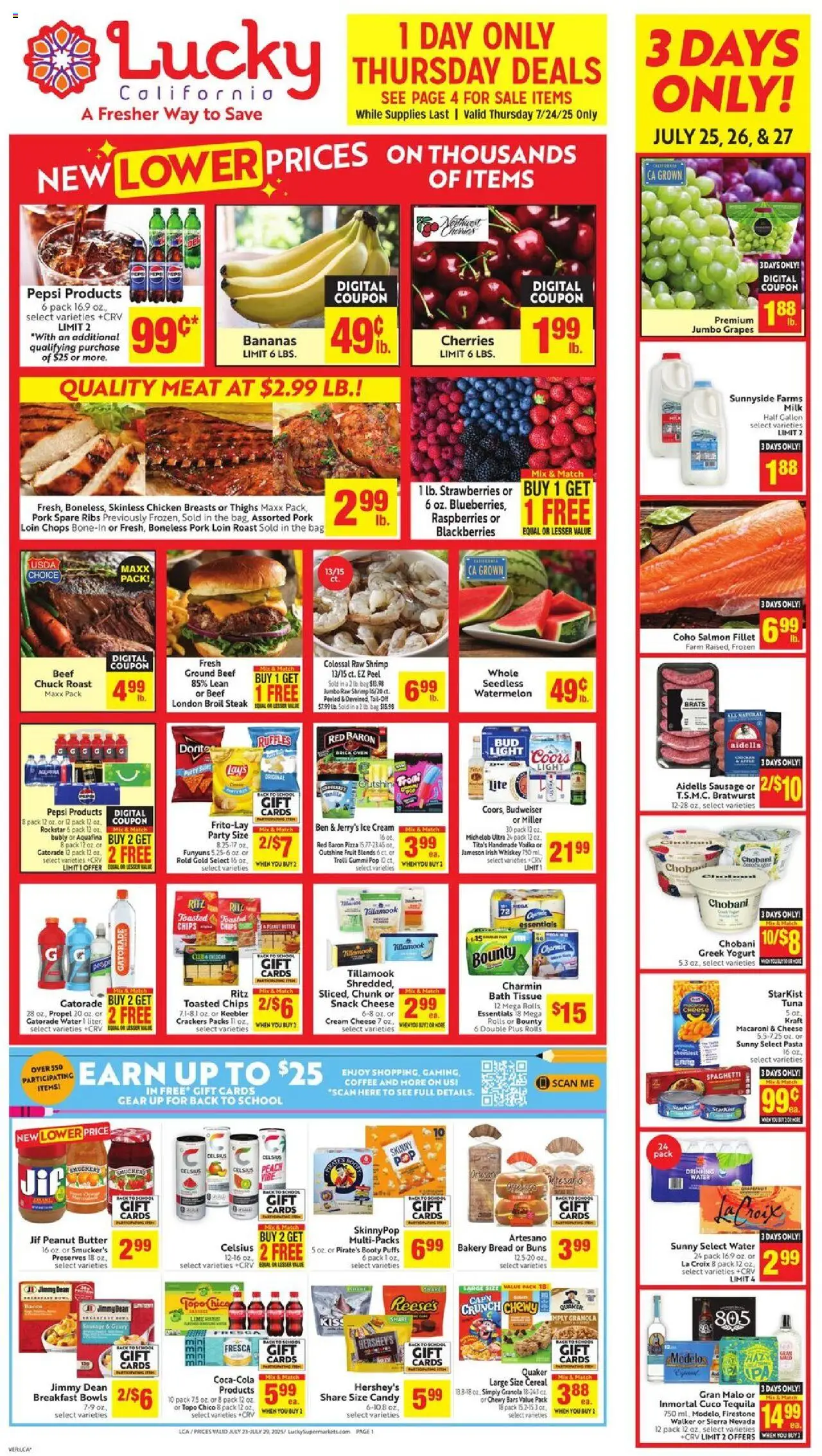 Lucky Supermarkets Weekly Ad - valid from 23.07.2025 | Page: 1 | Products: Pizza, Vodka, Sausage, Watermelon