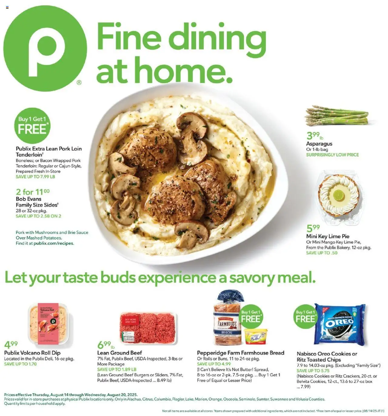 Publix Weekly Ad - valid from 13.08.2025 | Page: 1 | Products: Mushrooms, Cookies, Sauce, Mango