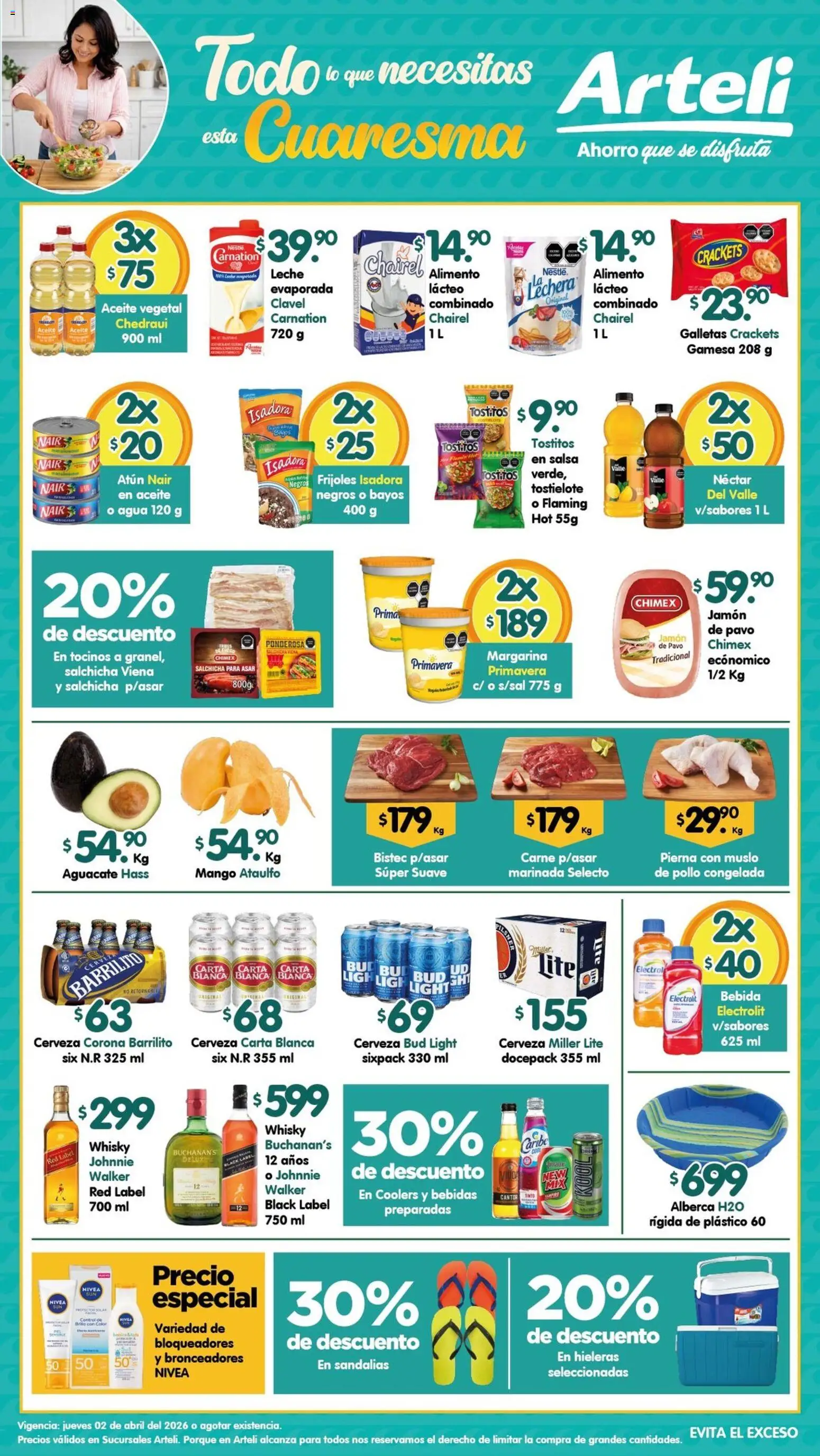 Nuevas ofertas de Arteli válidas en toda la República Mexicana desde el 02.04.2026. ¡Encuentra las mejores ofertas en Arteli folleto Valles! | Página: 1 | Productos: Salchicha, Agua, Aceite, Whisky