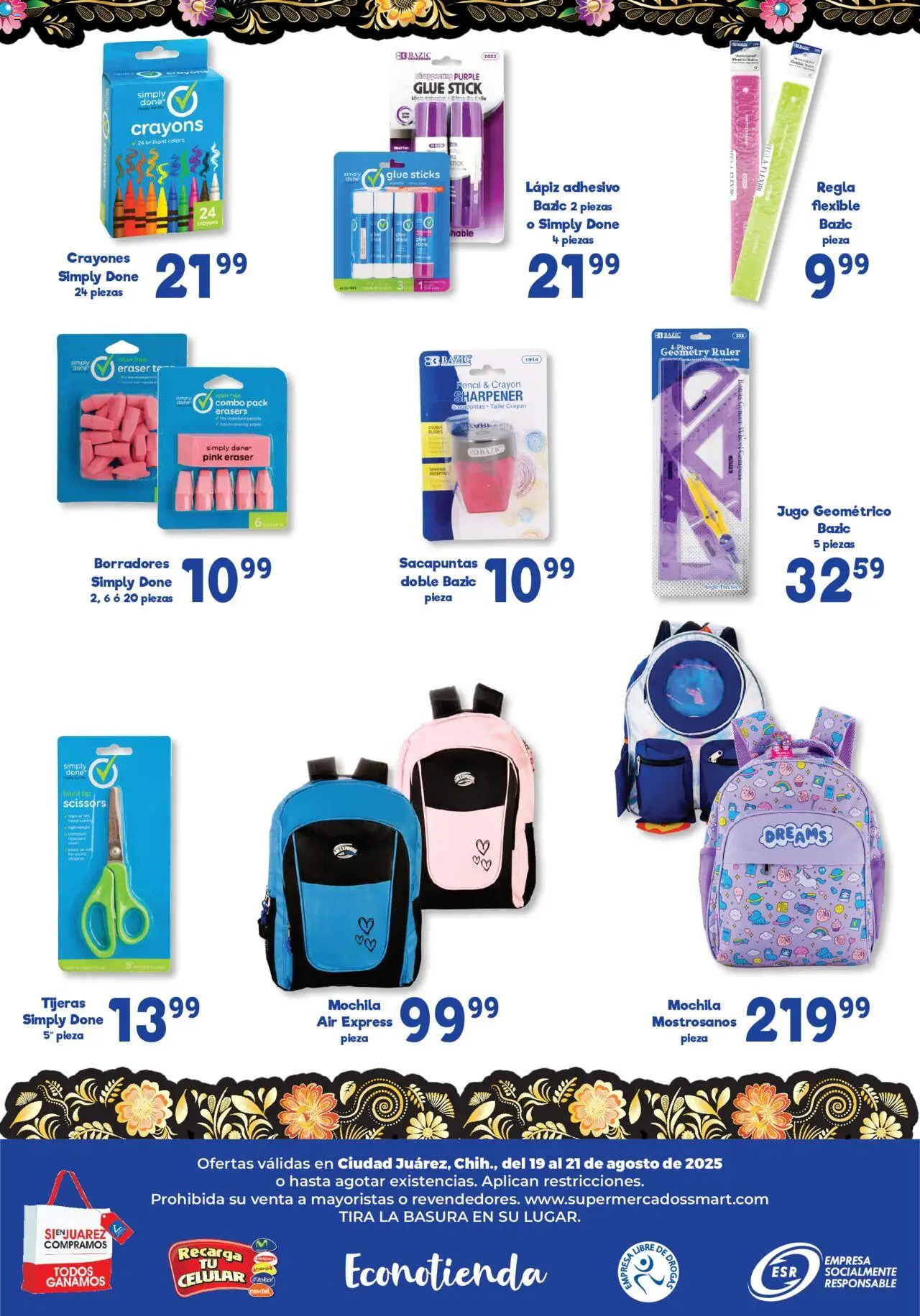 Nuevas ofertas de S-Mart válidas en toda la República Mexicana desde el 19.08.2025. ¡Encuentra las mejores ofertas en S-Mart - Folleto de Feria - Juarez! | Página: 6 | Productos: Sacapuntas, Mochila, Jugo, Flexible