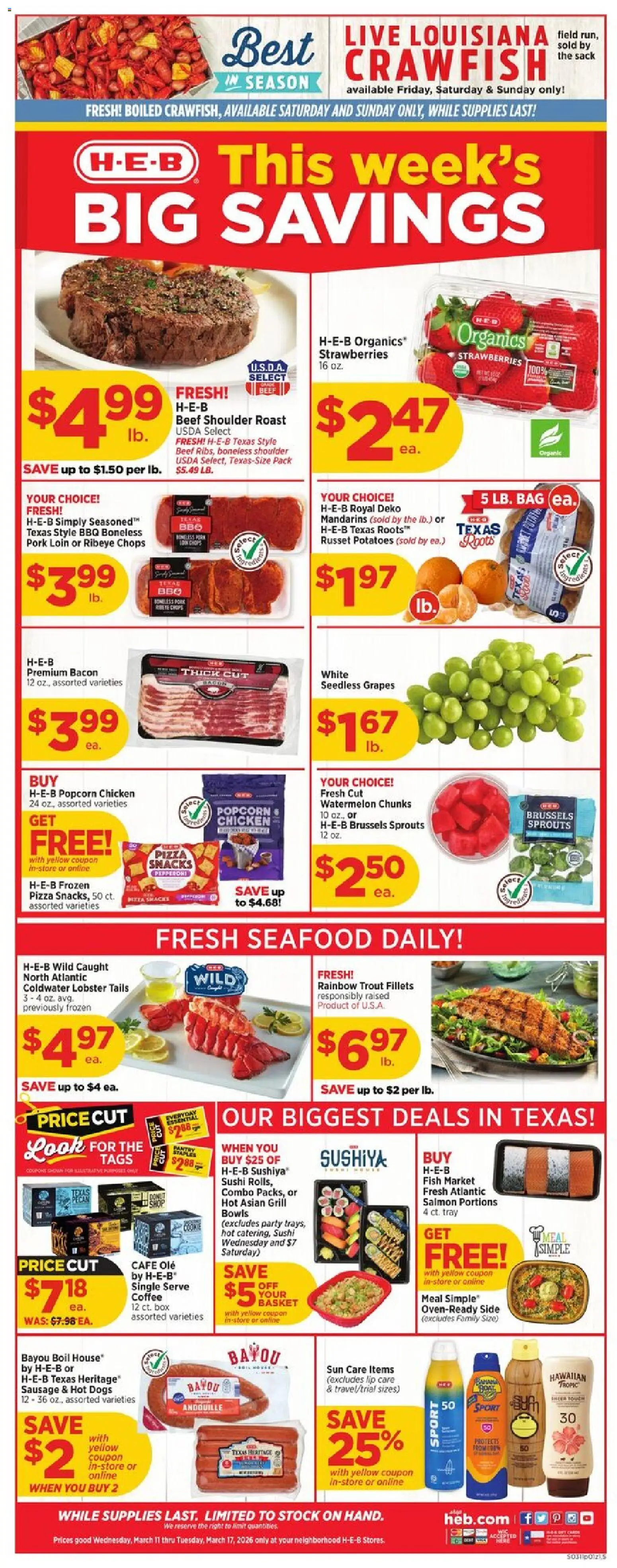 H-E-B Weekly Ad - valid from 11.03.2026 | Page: 1 | Products: Coffee, Strawberries, Potatoes, Bag