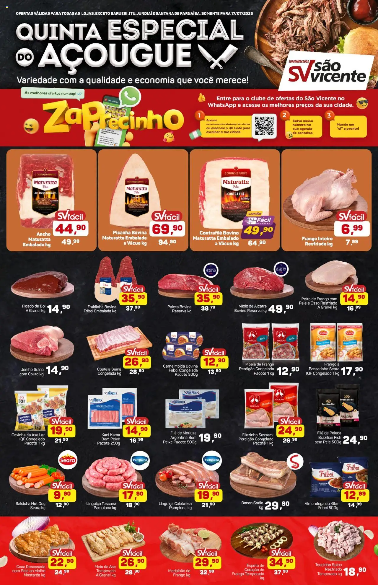 Supermercados São Vicente Folheto - válido de 17.07.2025 | Página: 1 | Produtos: Contra filé, Fraldinha, Picanha, File de polaca