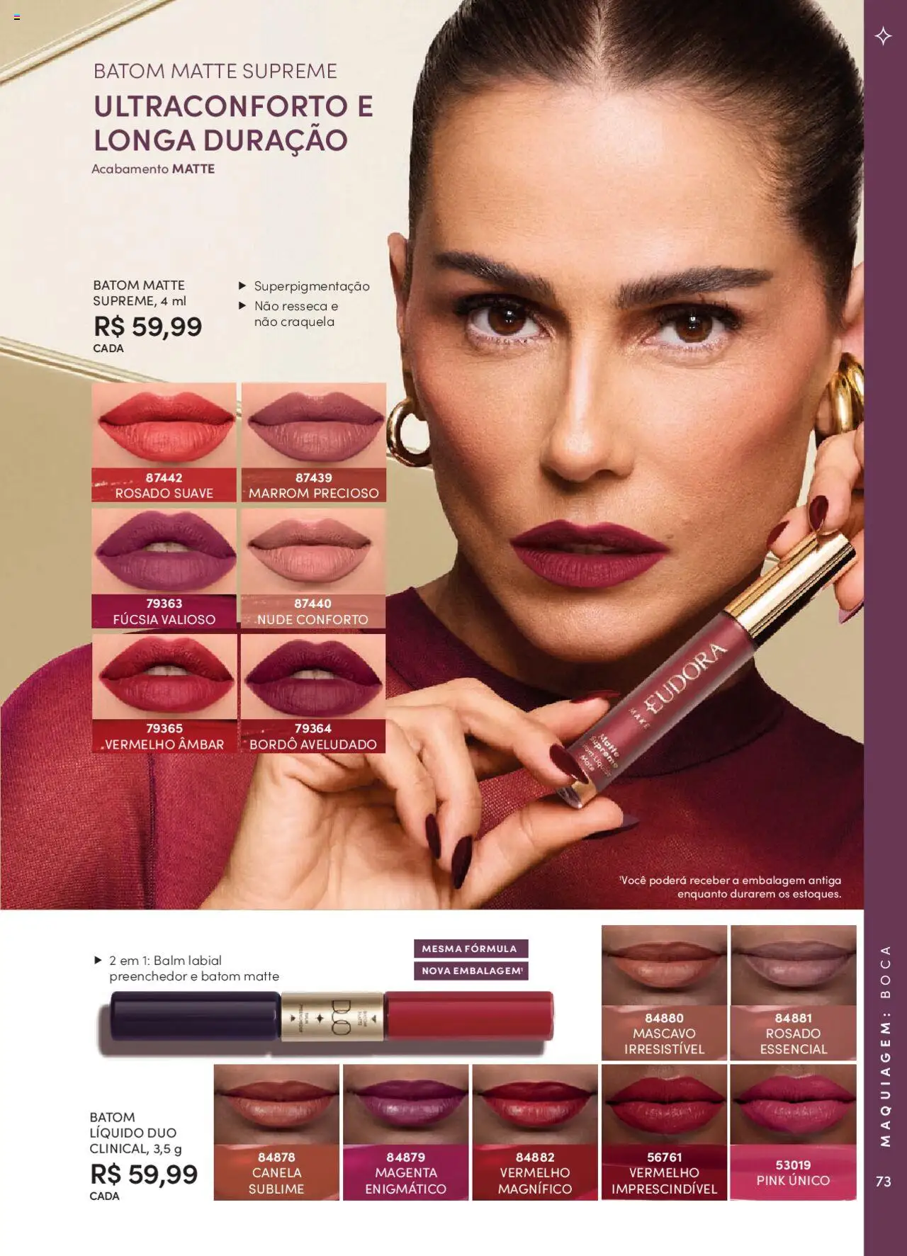 Eudora Folheto - válido de 07.10.2025 | Página: 73 | Produtos: Maquiagem, Batom, Canela