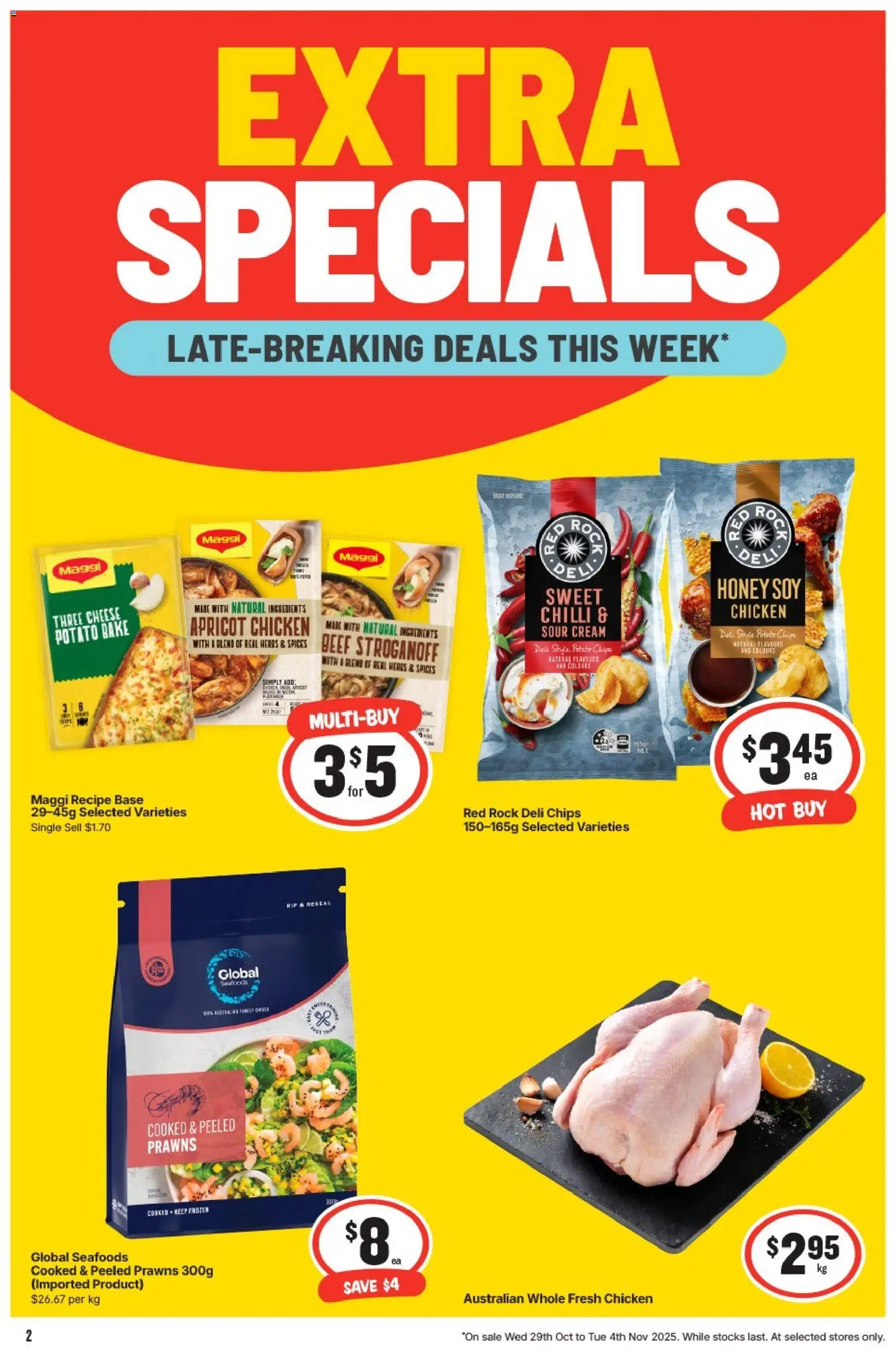 IGA catalogue - valid from 29.10.2025 | Page: 3 | Products: Chicken, Chips, Prawns, Spices