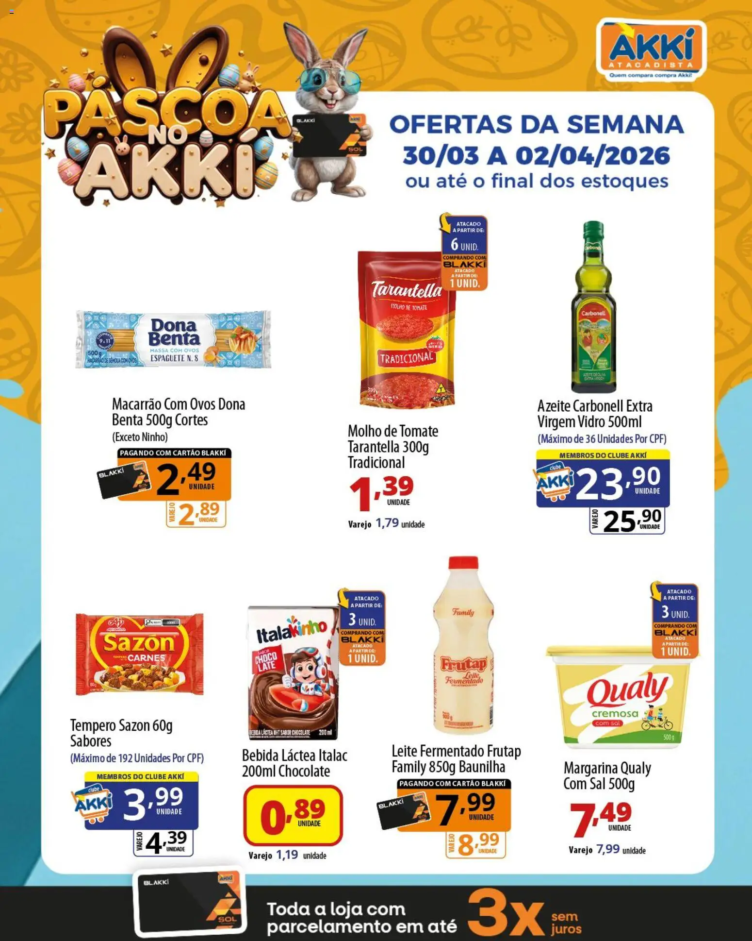 Akki Atacadista Folheto - válido de 30.03.2026 | Página: 3 | Produtos: Leite, Macarrão, Massa, Bebida