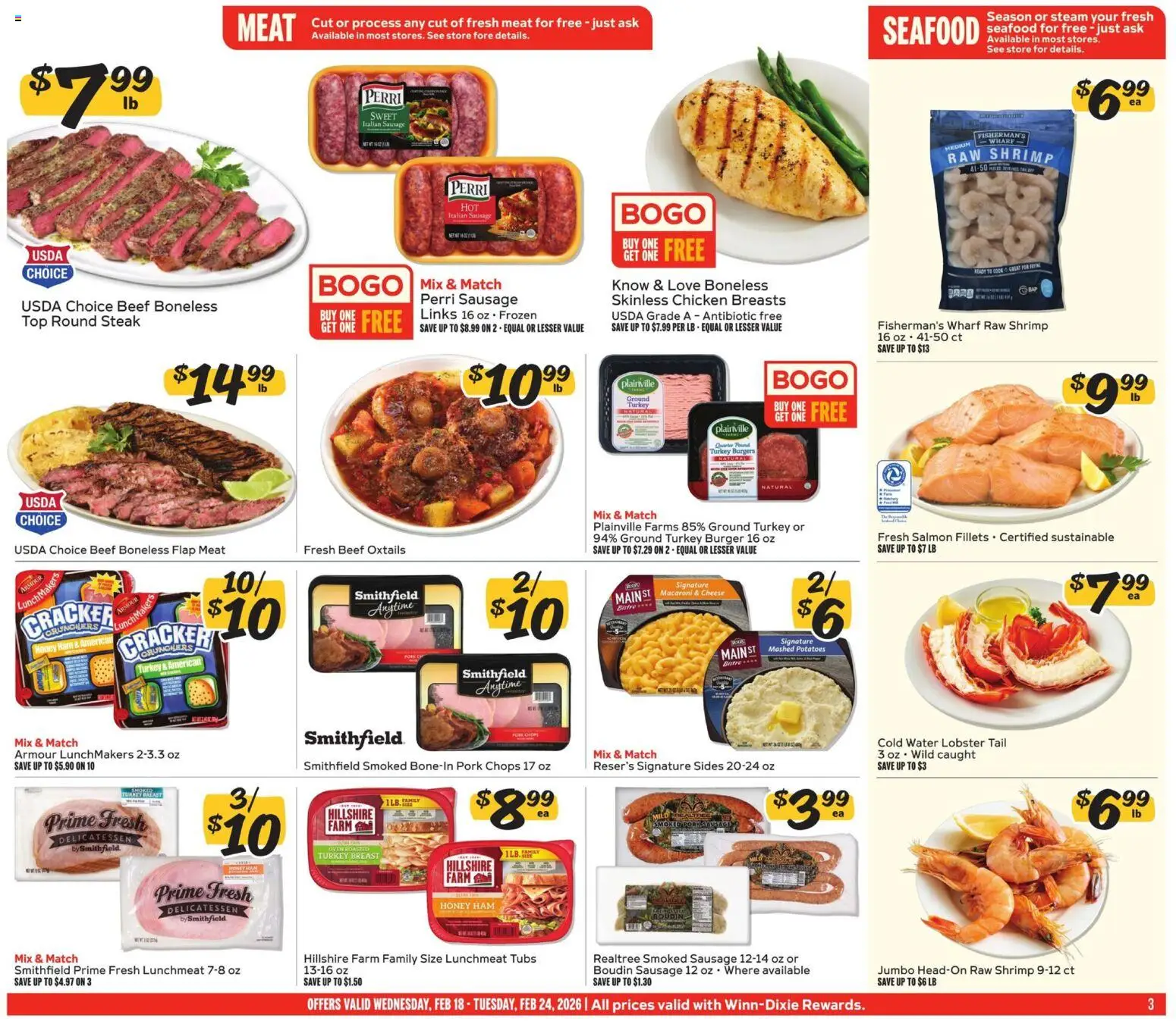 Winn Dixie Weekly Circular - GA - valid from 18.02.2026 | Page: 3 | Products: Ham, Pork, Seafood, Sausage