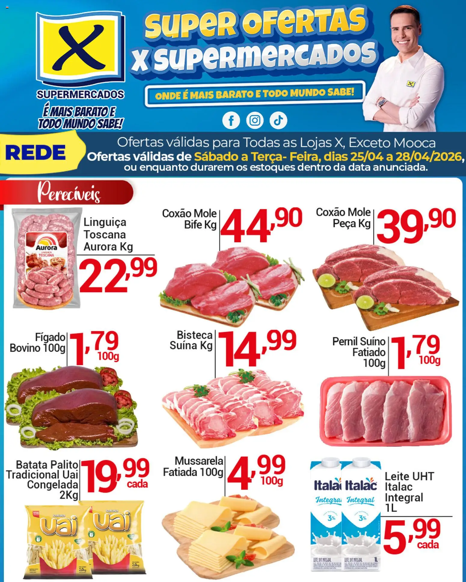 X Supermercados Folheto - válido de 25.04.2026 | Página: 1 | Produtos: Linguiça, Leite, Batata, Mussarela