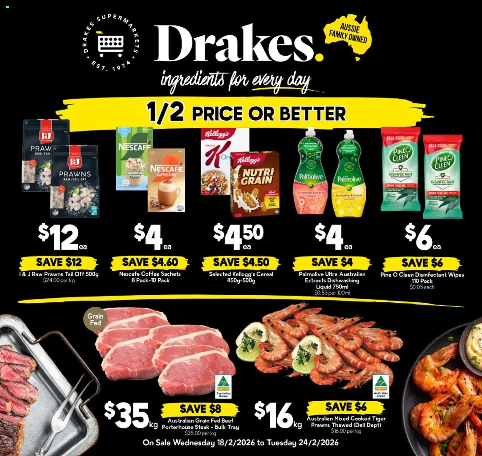 Drakes catalogue - valid from 18.02.2026 | Page: 1 | Products: Beef, Cereal, Steak, Nescafe