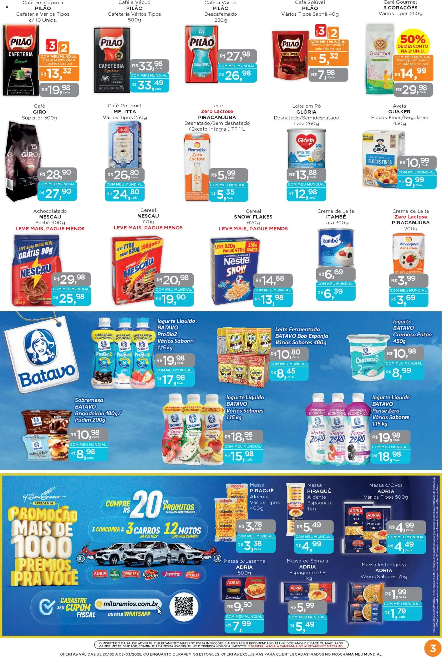 Mundial Folheto - válido de 20.02.2026 | Página: 3 | Produtos: Espaguete, Leite, Creme, Leite em pó