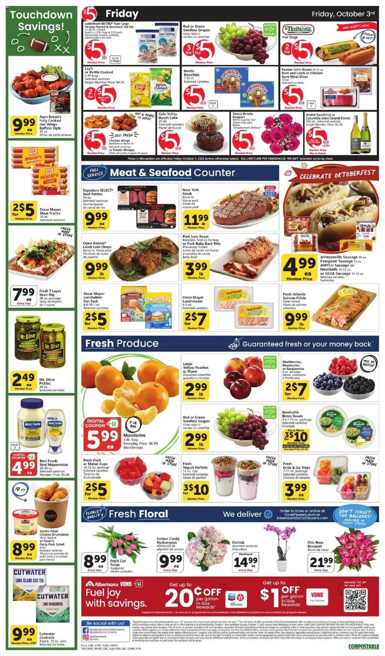 Vons Weekly Ad - valid from 01.10.2025 | Page: 3 | Products: Mandarins, Peaches, Beef, Grapes