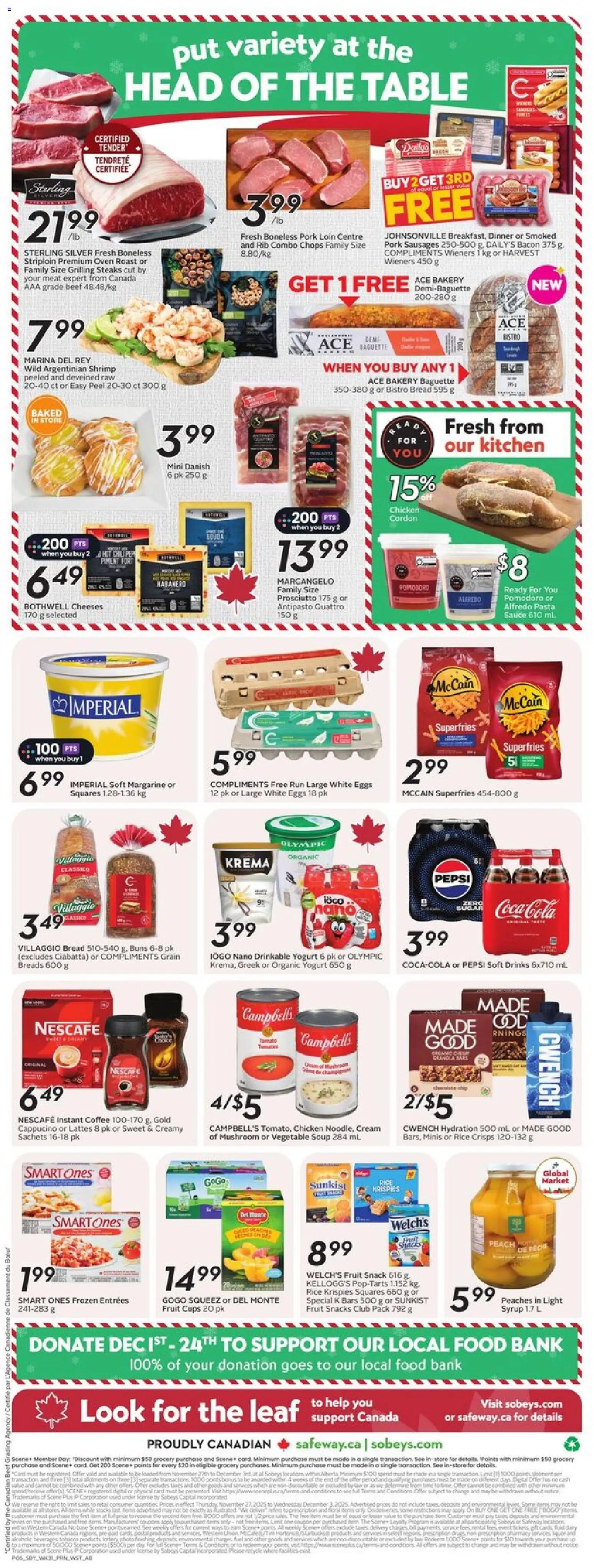 Sobeys flyer valid from 27.11.2025 | Page: 4 | Products: Beef, Oven, Bread, Chicken