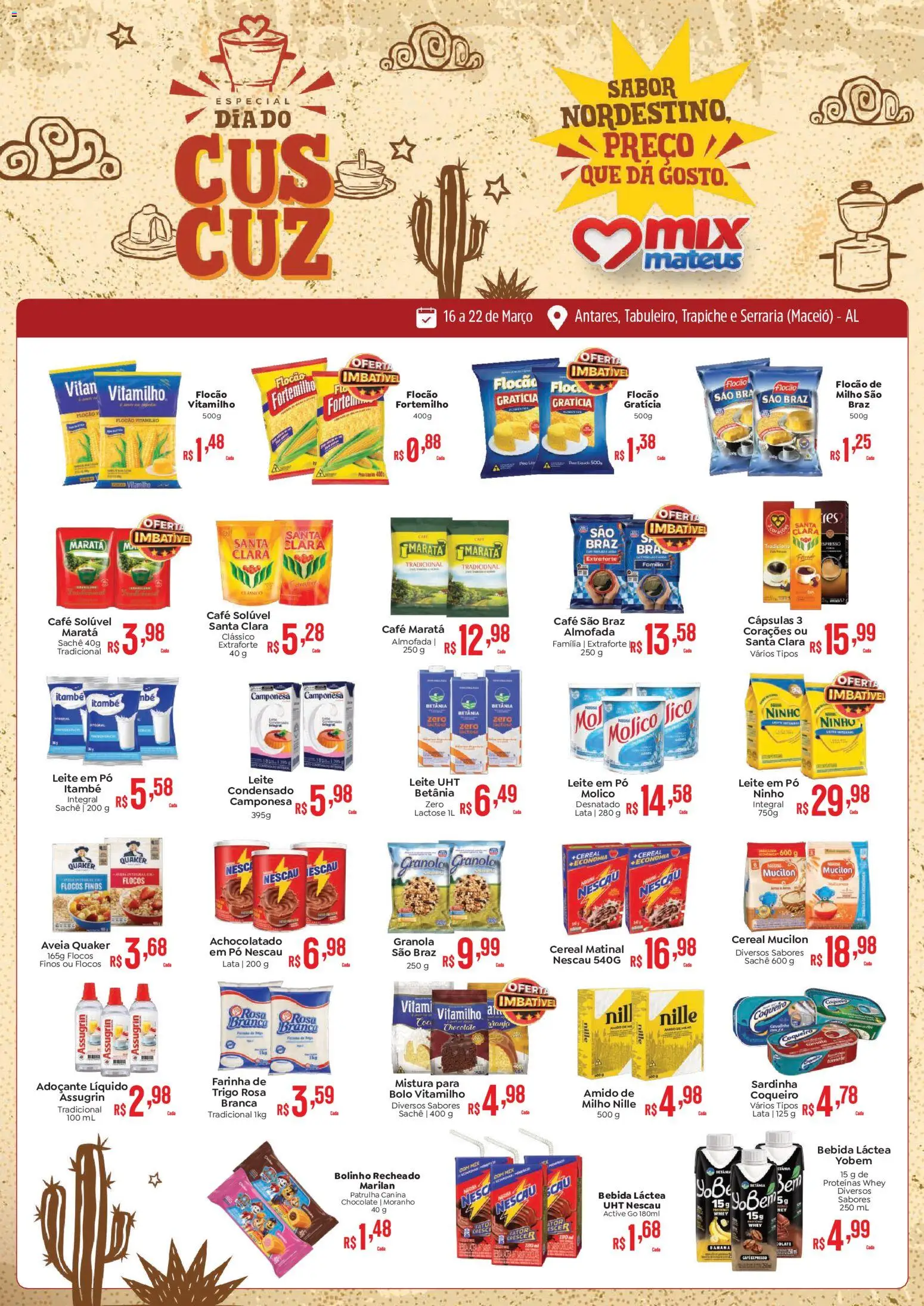 Mateus Folheto - válido de 16.03.2026 | Página: 1 | Produtos: Amido de milho, Leite, Café, Flocos
