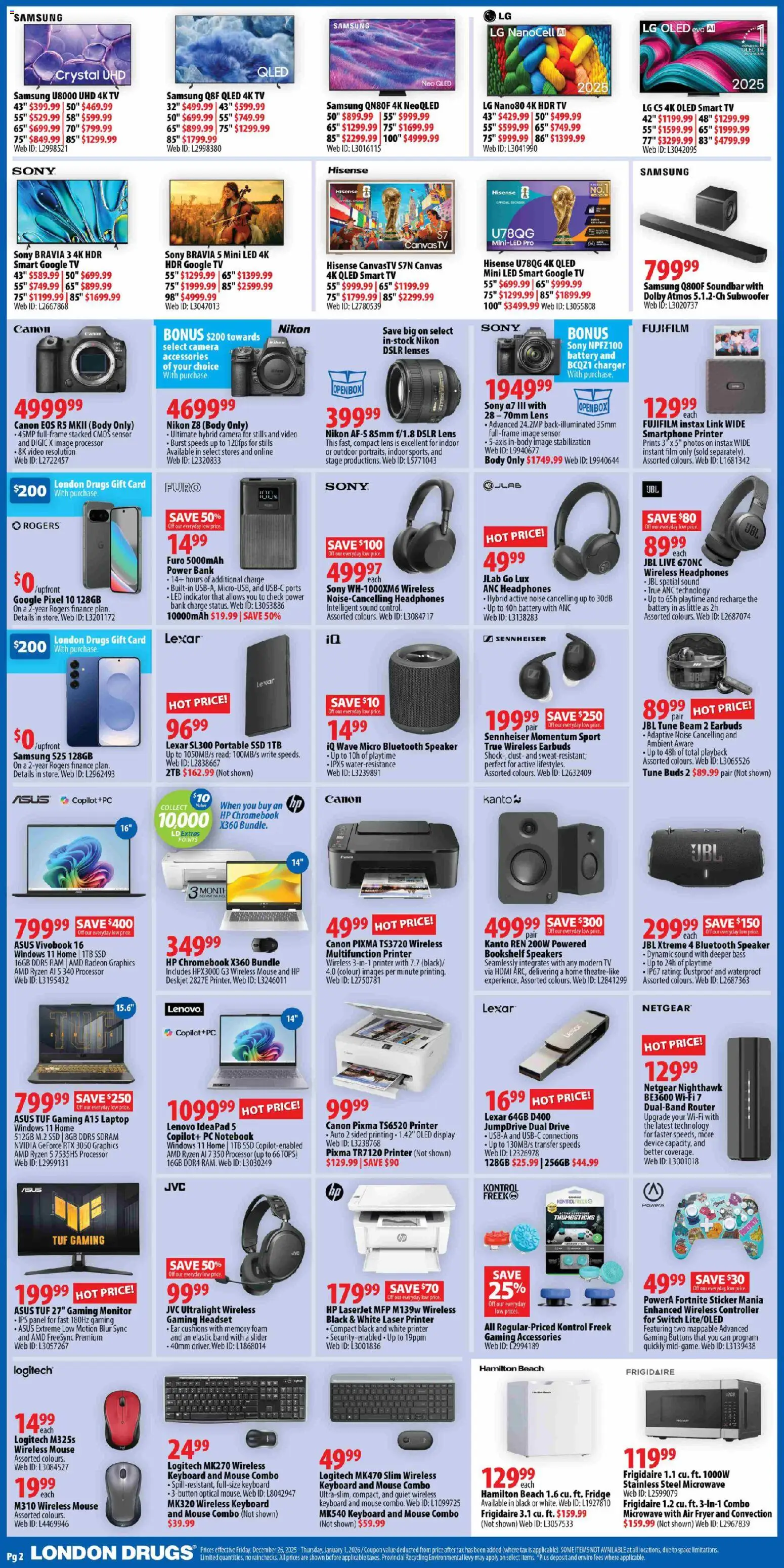 London Drugs flyer valid from 26.12.2025 | Page: 2 | Products: Smartphone, Printer, Tv, Camera