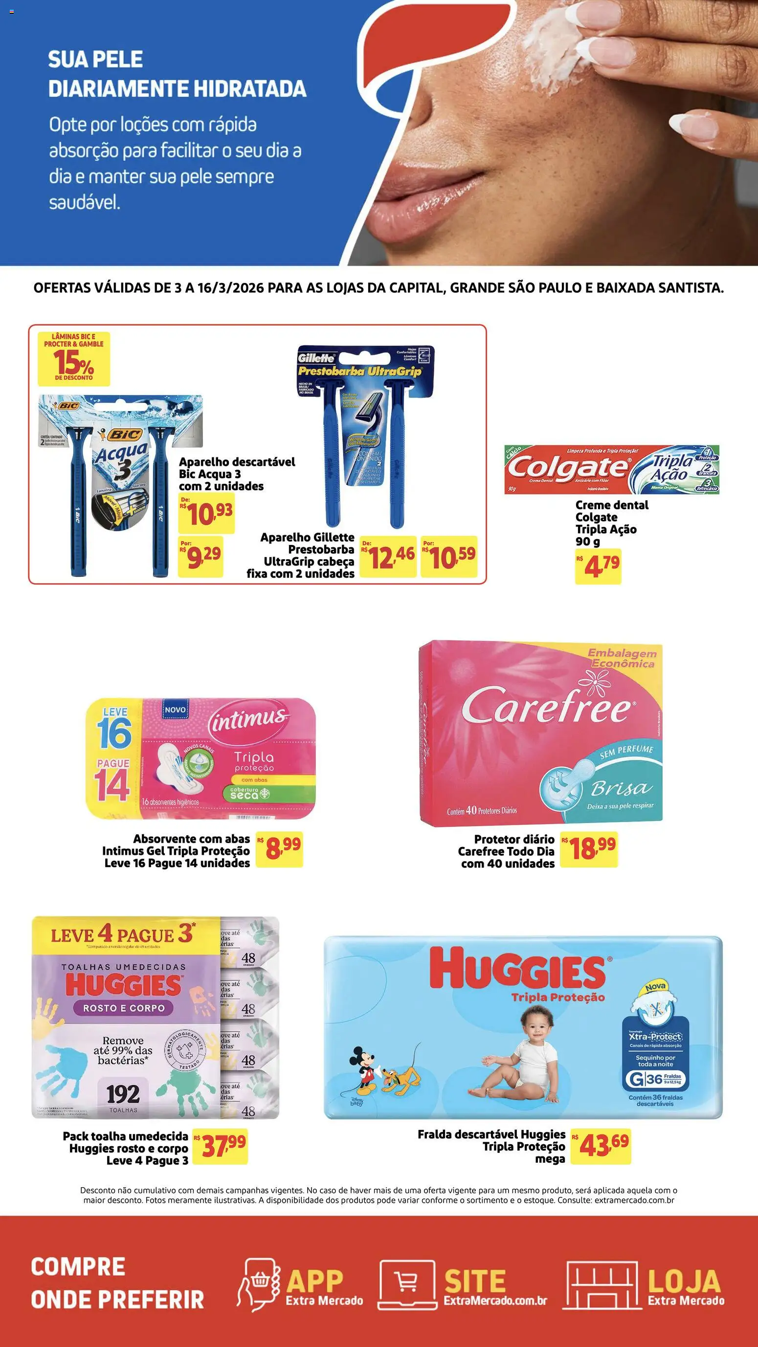 Extra Folheto - válido de 03.03.2026 | Página: 2 | Produtos: Fralda descartável huggies, Fraldas, Creme dental, Absorvente