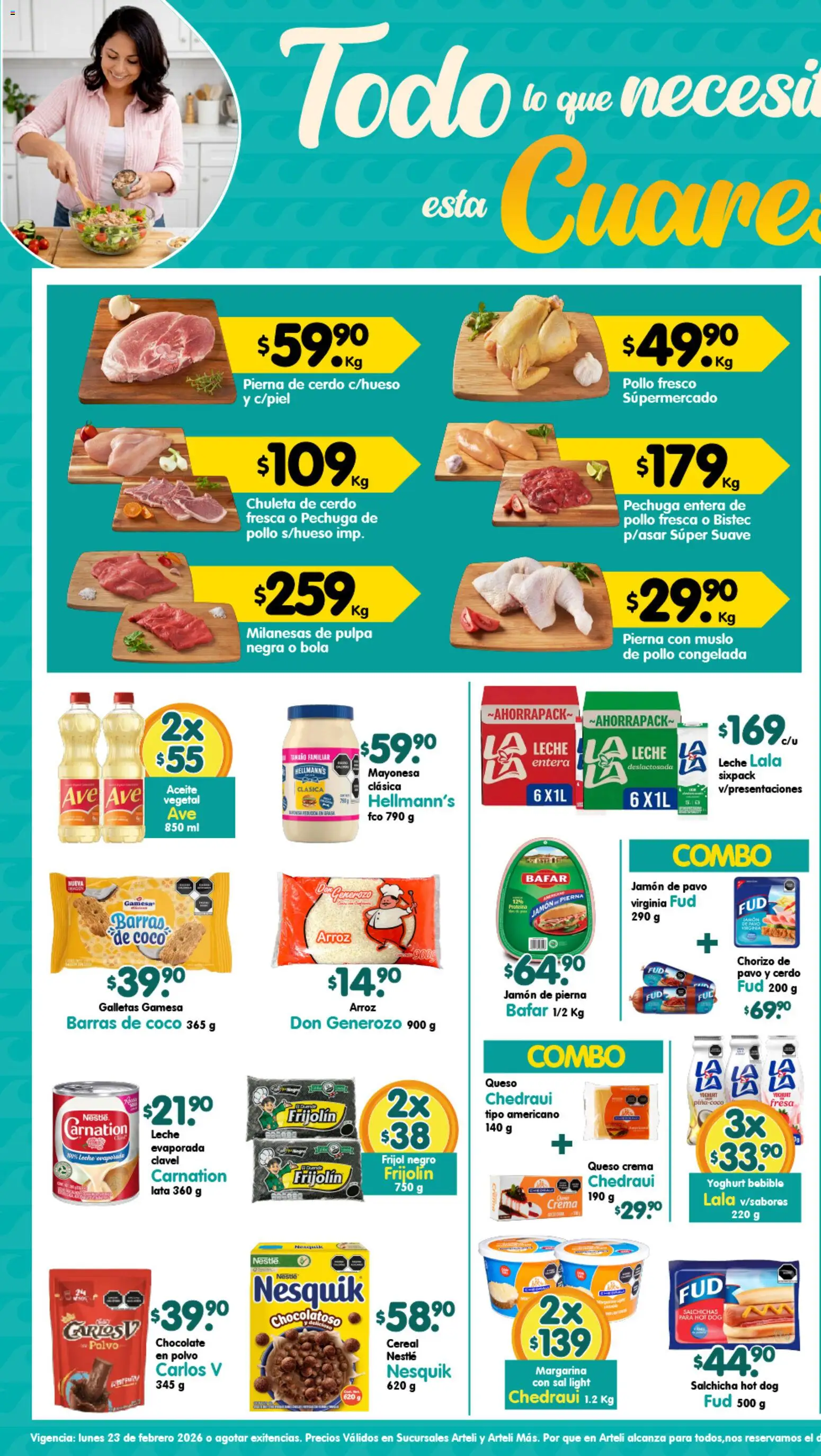 Nuevas ofertas de Arteli válidas en toda la República Mexicana desde el 23.02.2026. ¡Encuentra las mejores ofertas en Arteli folleto Tuxpan! | Página: 1 | Productos: Queso, Chorizo, Galletas, Polvo