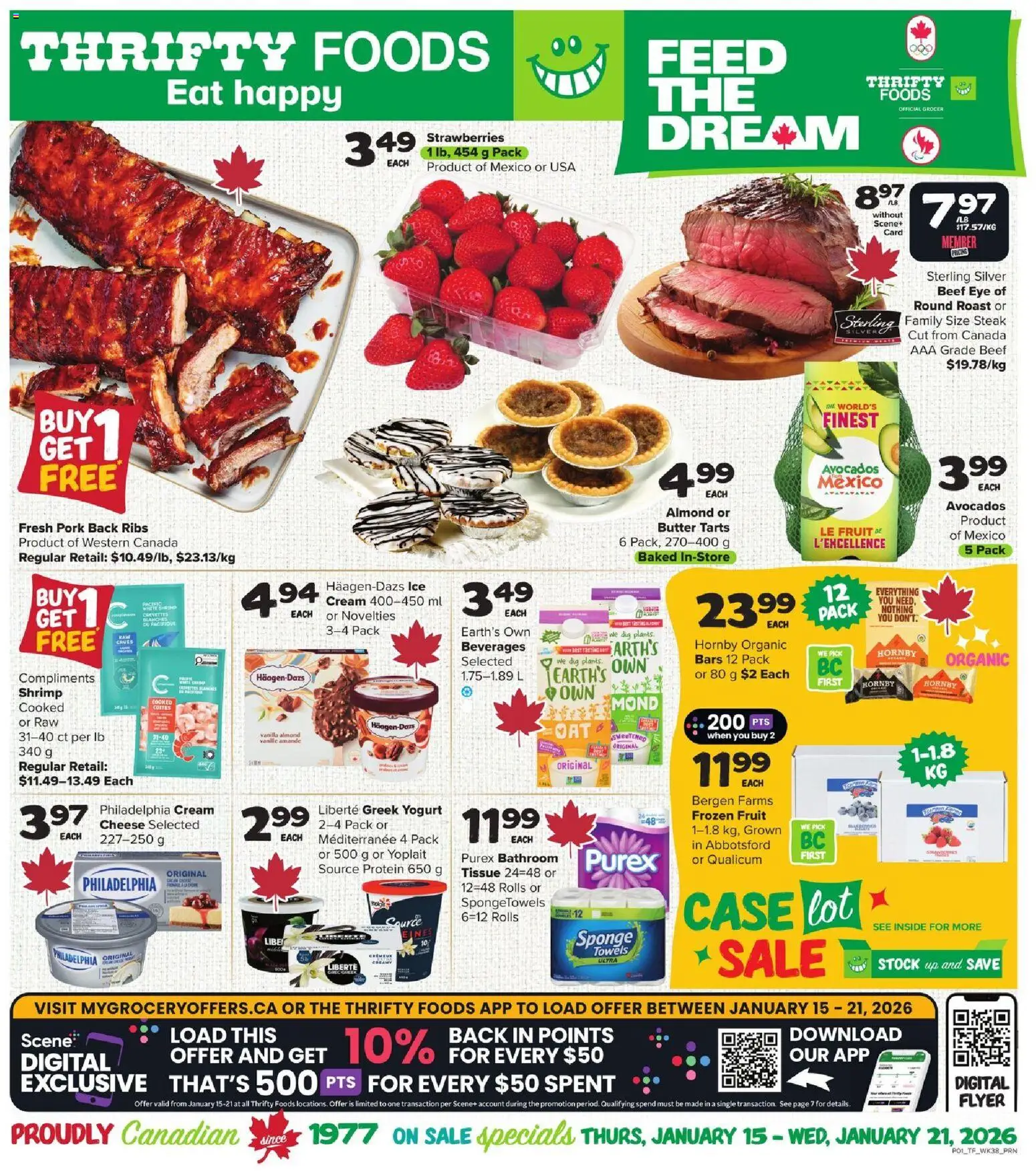 Thrifty Foods flyer valid from 15.01.2026 | Page: 1 | Products: Beef, Butter, Cheese, Yogurt