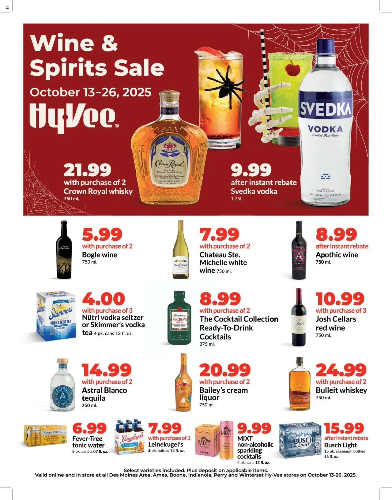 HyVee Wine & Spirits Sale - valid from 13.10.2025 | Page: 1 | Products: Tea, Vodka, Whiskey, Water