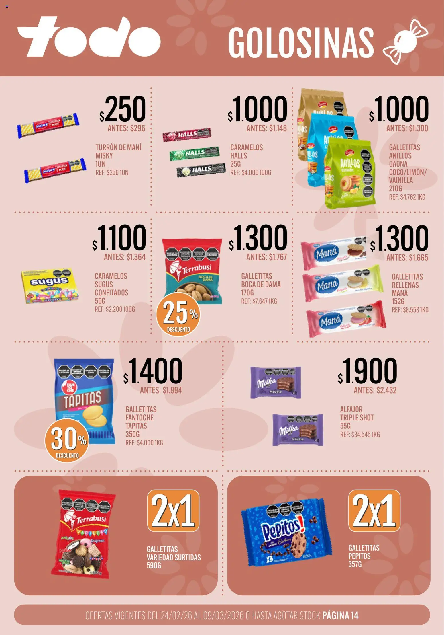 Supermercados TODO - Ofertas │ válido desde el 24.02.2026 | Página: 14 | Productos: Galletitas, Mani, Turrón, Golosinas