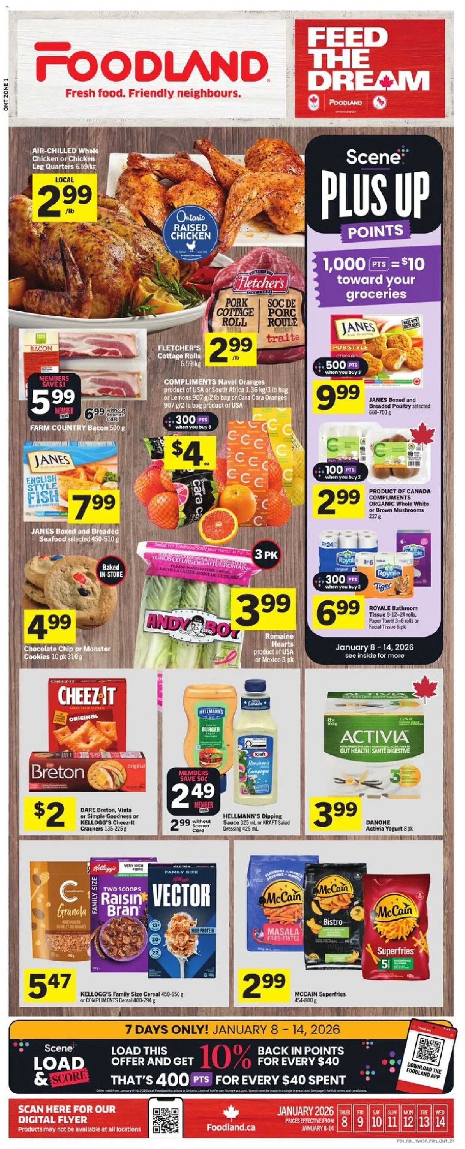 Foodland flyer valid from 08.01.2026 | Page: 1 | Products: Cookies, Salad, Chocolate, Oranges
