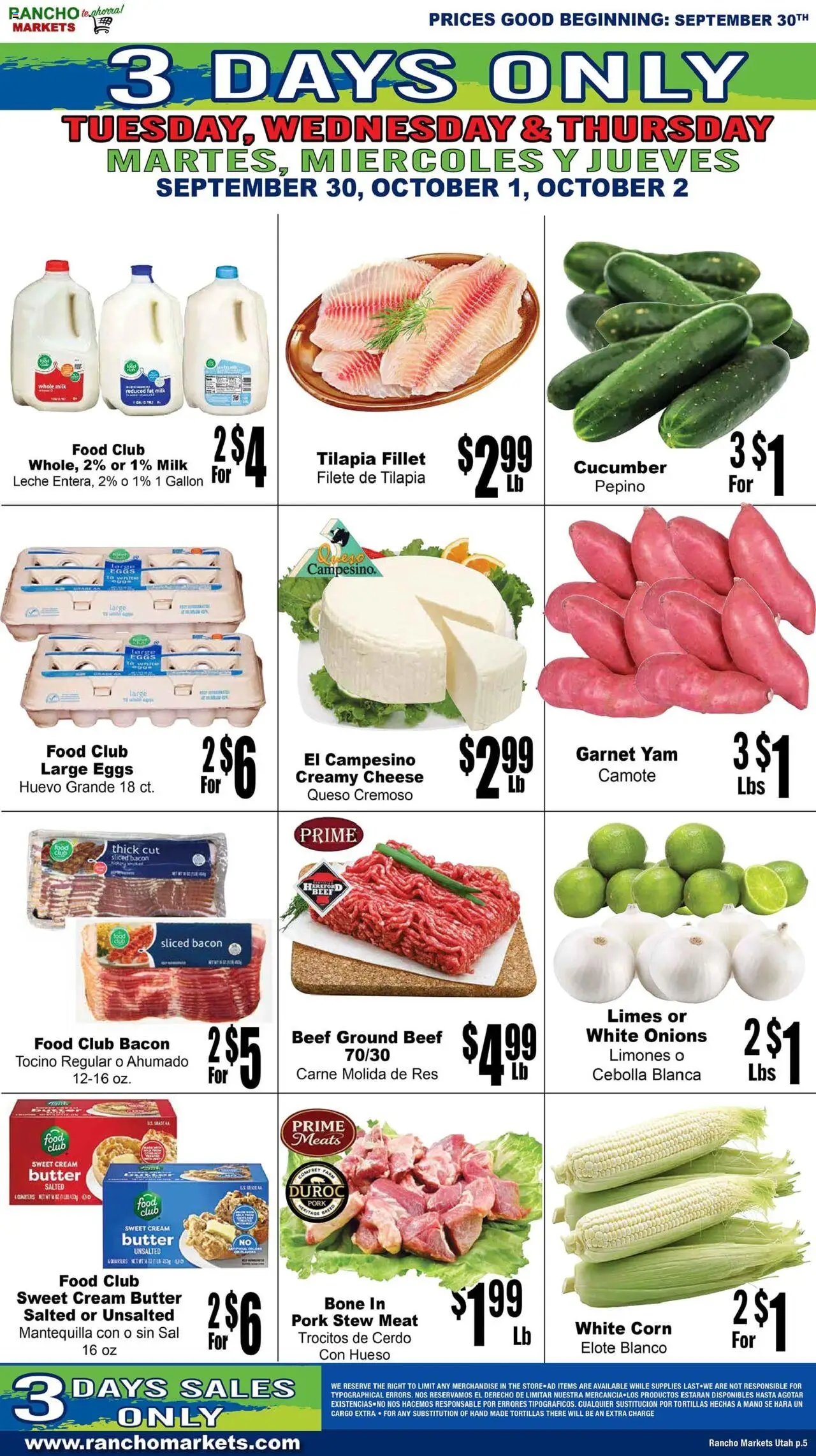 Rancho Markets Weekly Ad - valid from 30.09.2025 | Page: 5 | Products: Corn, Milk, Butter, Beef