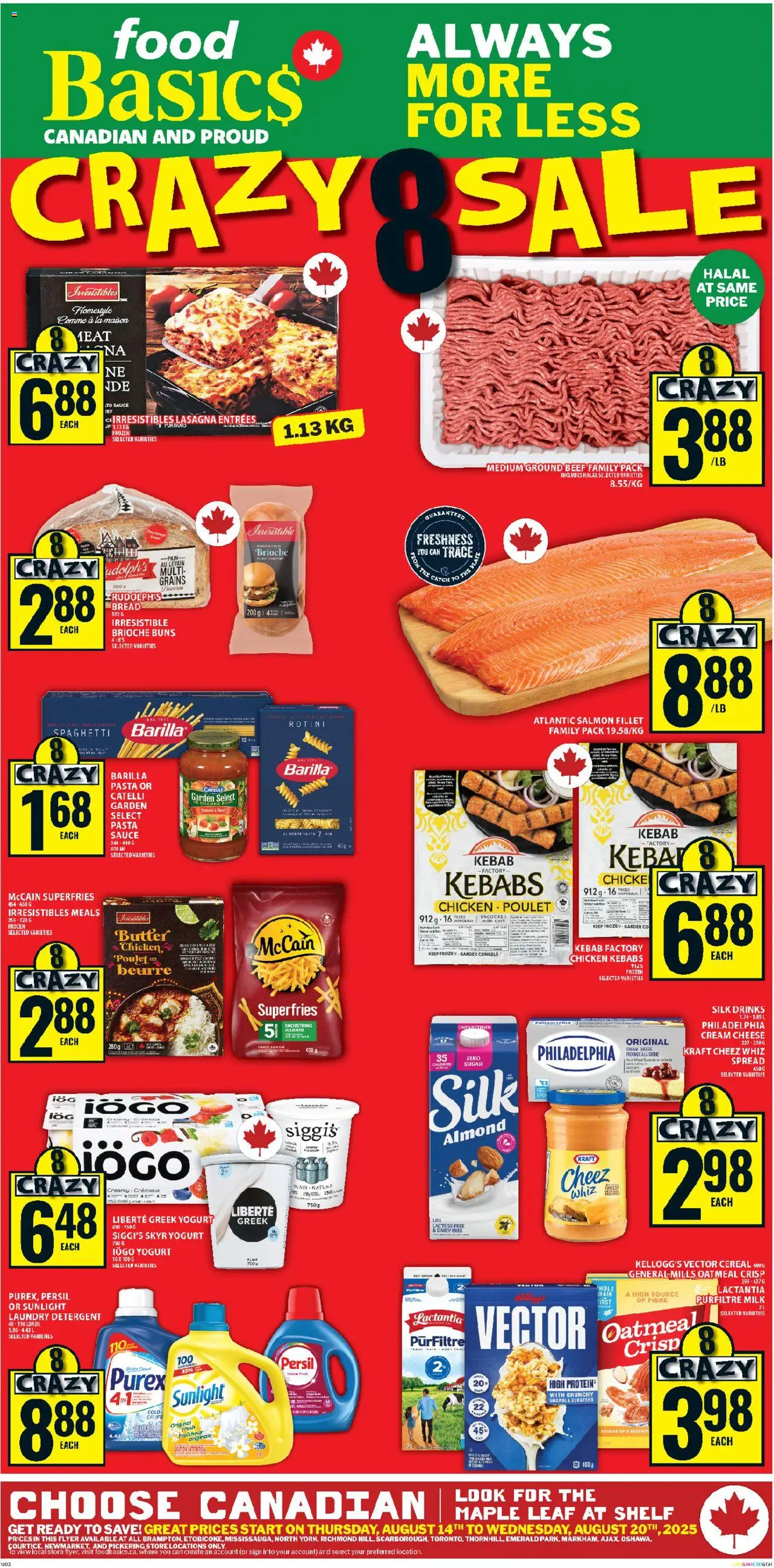 Food Basics flyer valid from 14.08.2025 | Page: 1 | Products: Beef, Pasta, Detergent, Yogurt