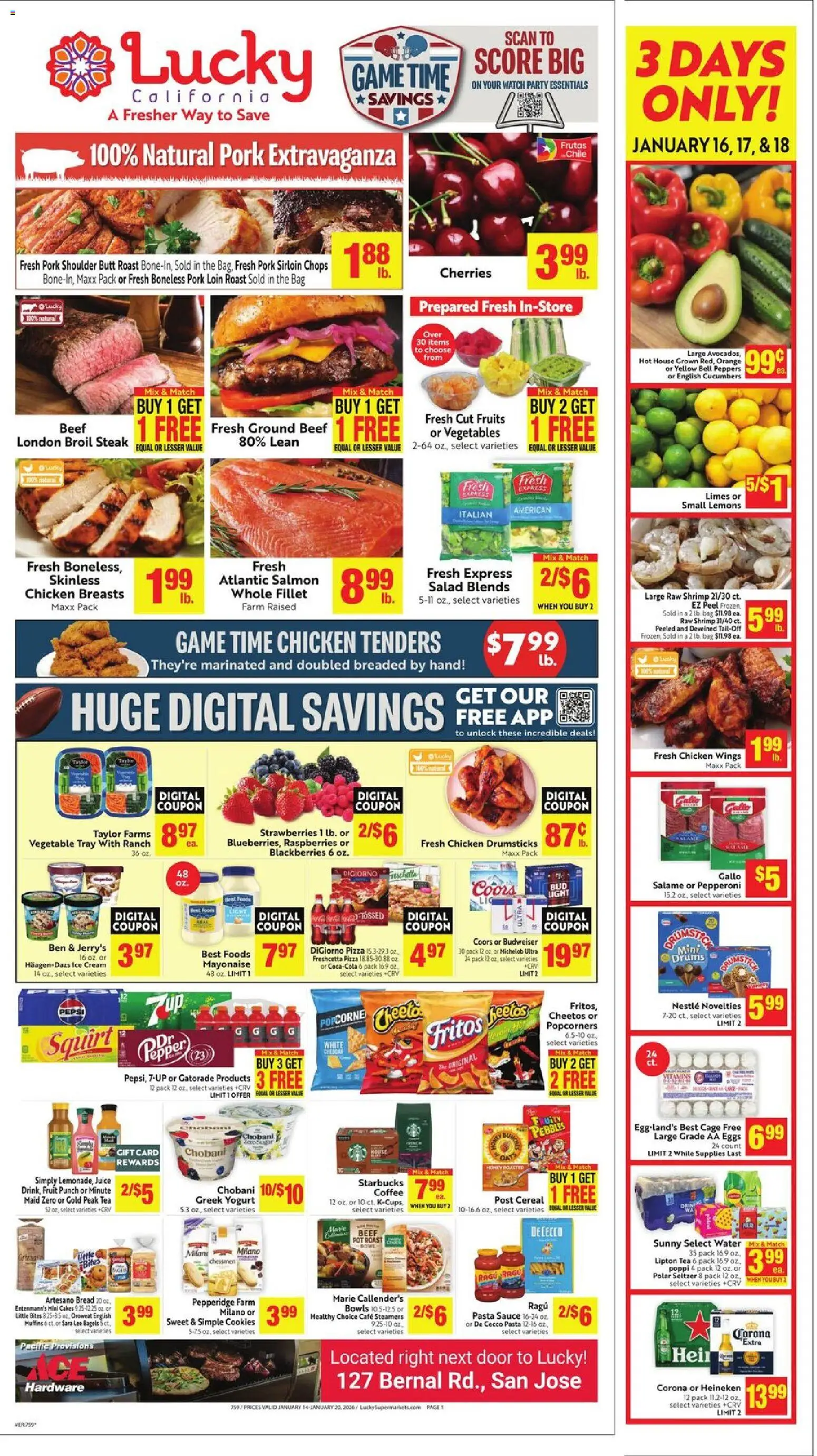 Lucky Supermarkets Weekly - CA - valid from 14.01.2026 | Page: 1 | Products: Peppers, Ice cream, Water, Sauce