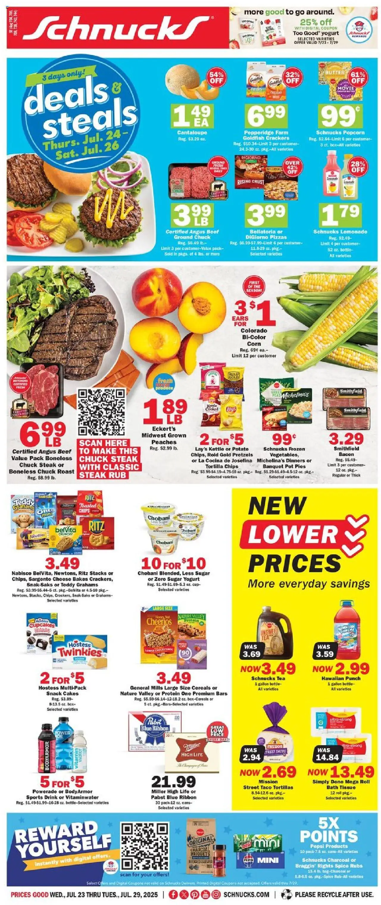 Schnucks Weekly Ad - IN - valid from 23.07.2025 | Page: 1 | Products: Corn, Bath, Yogurt, Sugar