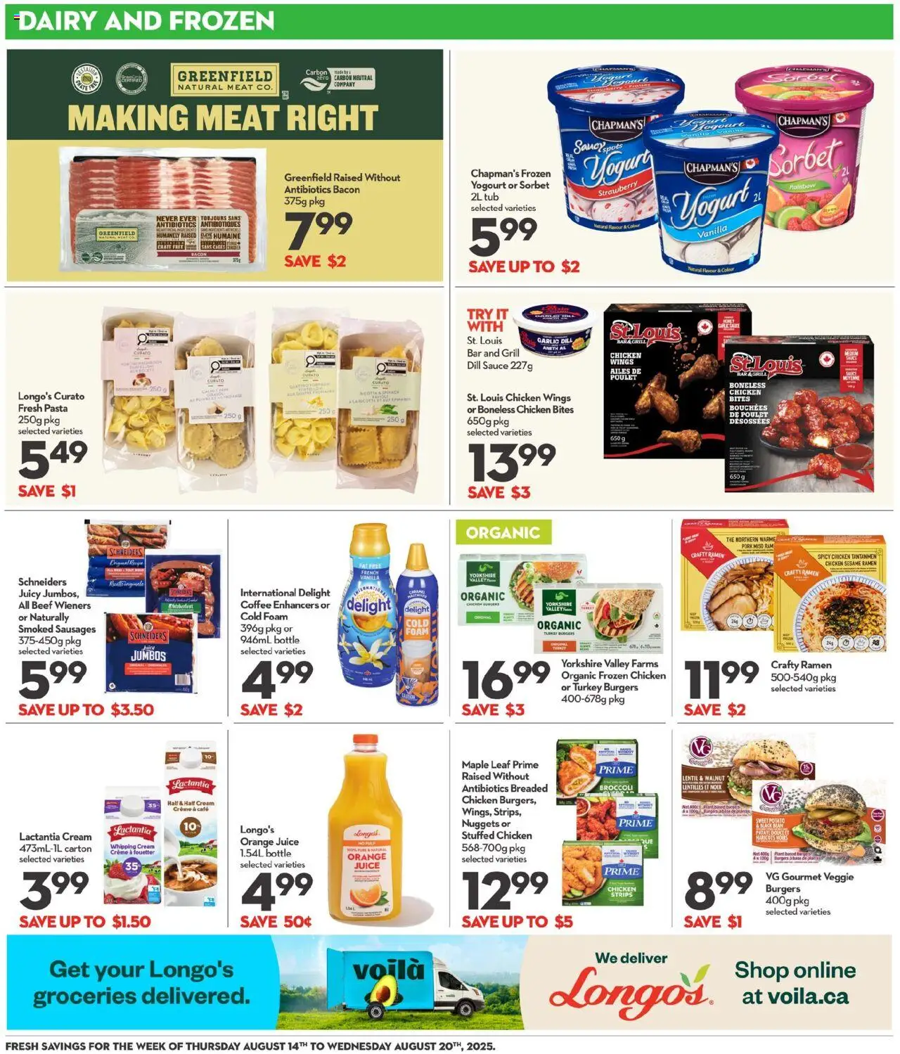 Longo's flyer valid from 14.08.2025 | Page: 10 | Products: Beef, Pasta, Cream, Coffee