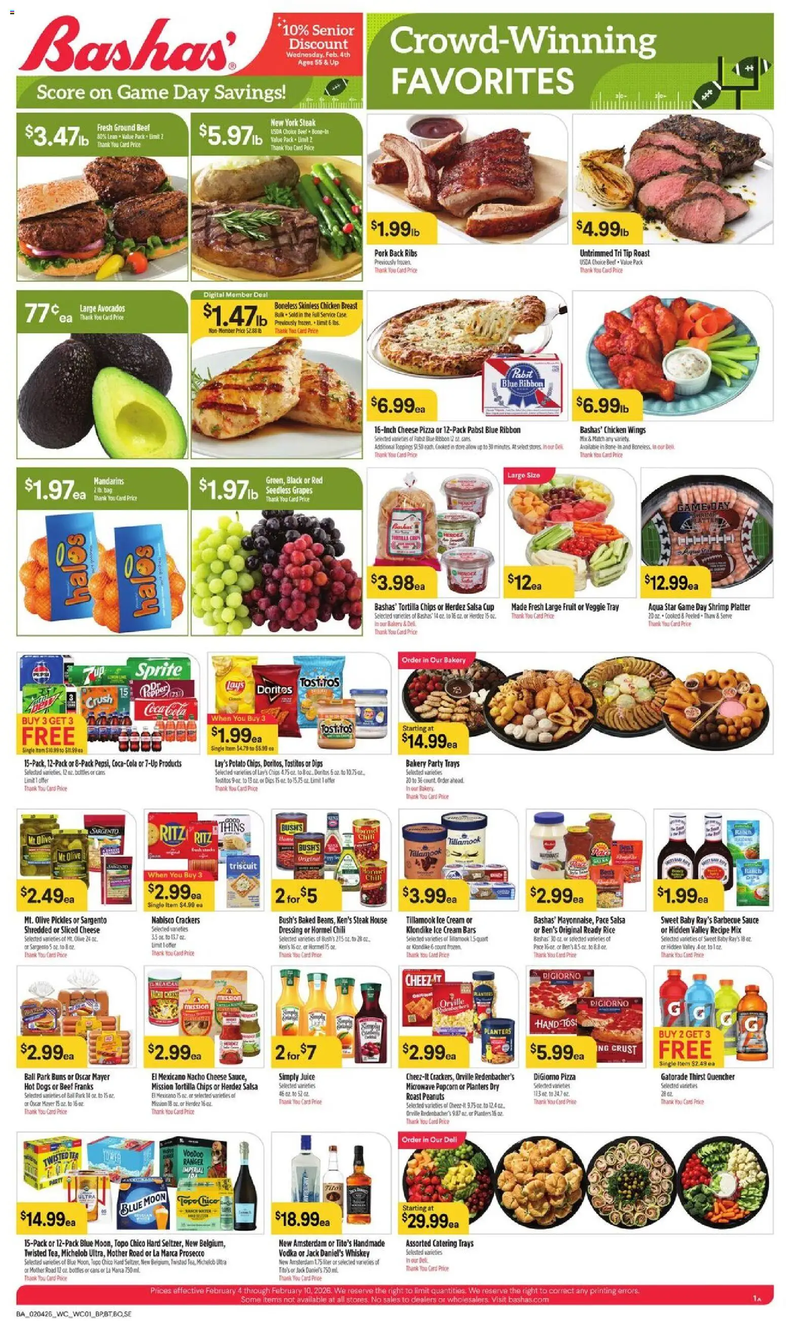 Basha's Weekly Ad - valid from 04.02.2026 | Page: 1 | Products: Cheese, Pork, Whiskey, Grapes