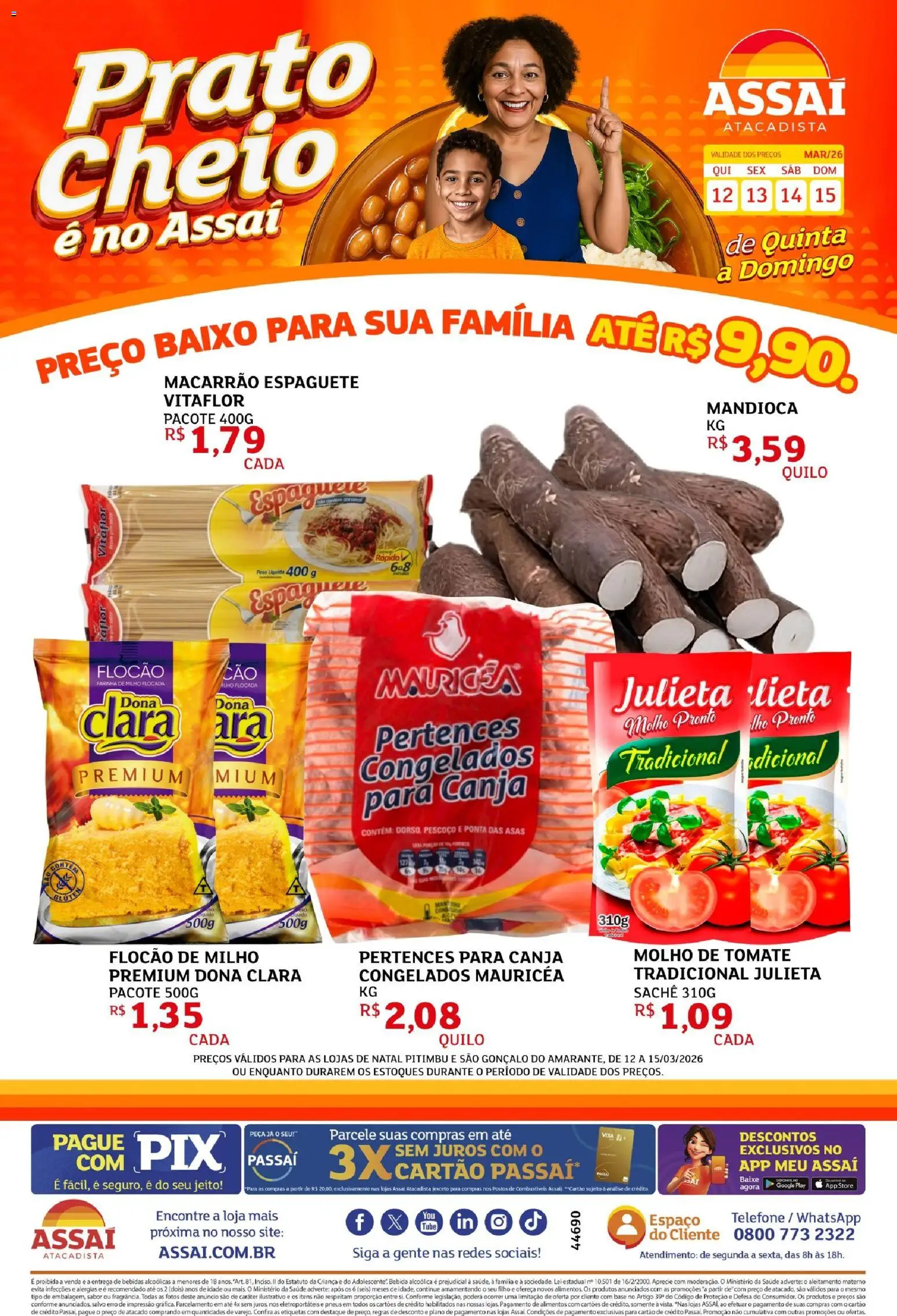 Assaí Atacadista Folheto - válido de 12.03.2026 | Página: 1 | Produtos: Mandioca, Molho de tomate, Pneus, Macarrão