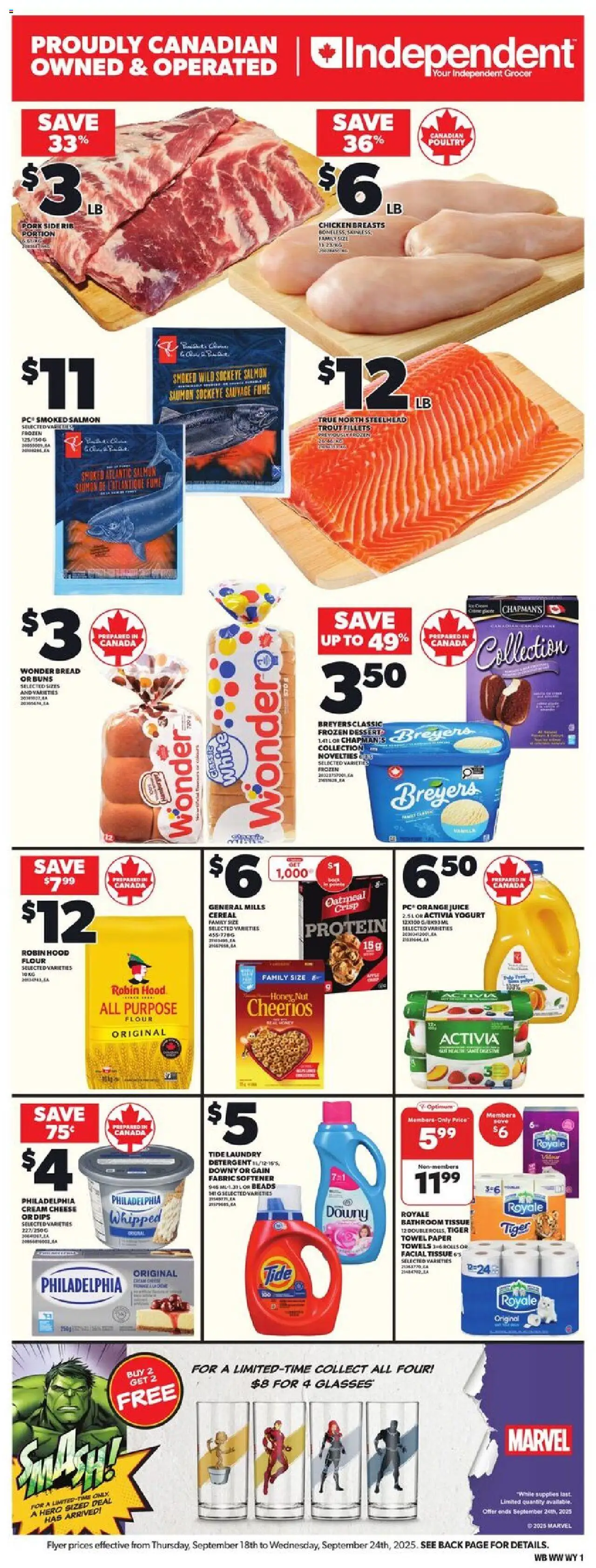 Independent Grocer flyer valid from 18.09.2025 | Page: 3 | Products: Glasses, Yogurt, Bread, Pork