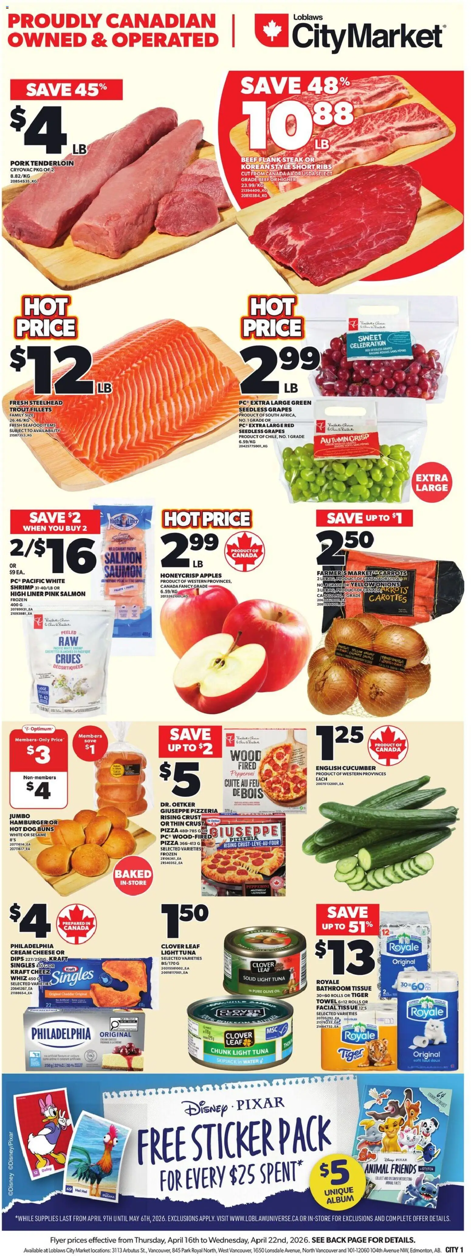 Loblaws flyer valid from 16.04.2026 | Page: 3 | Products: Beef, Cheese, Pizza, Apples