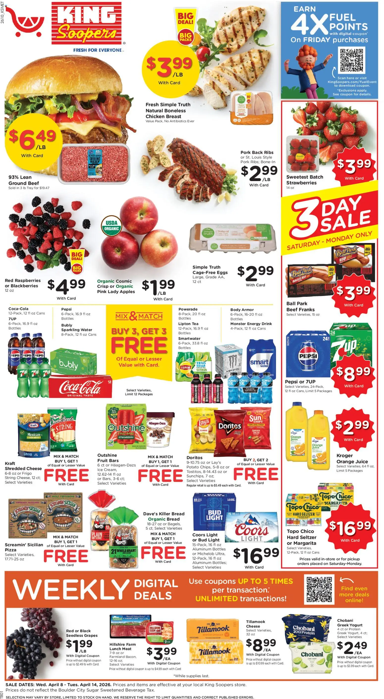 King Soopers Weekly Ad - valid from 08.04.2026 | Page: 1 | Products: Cheese, Pizza, Beef, Lemon