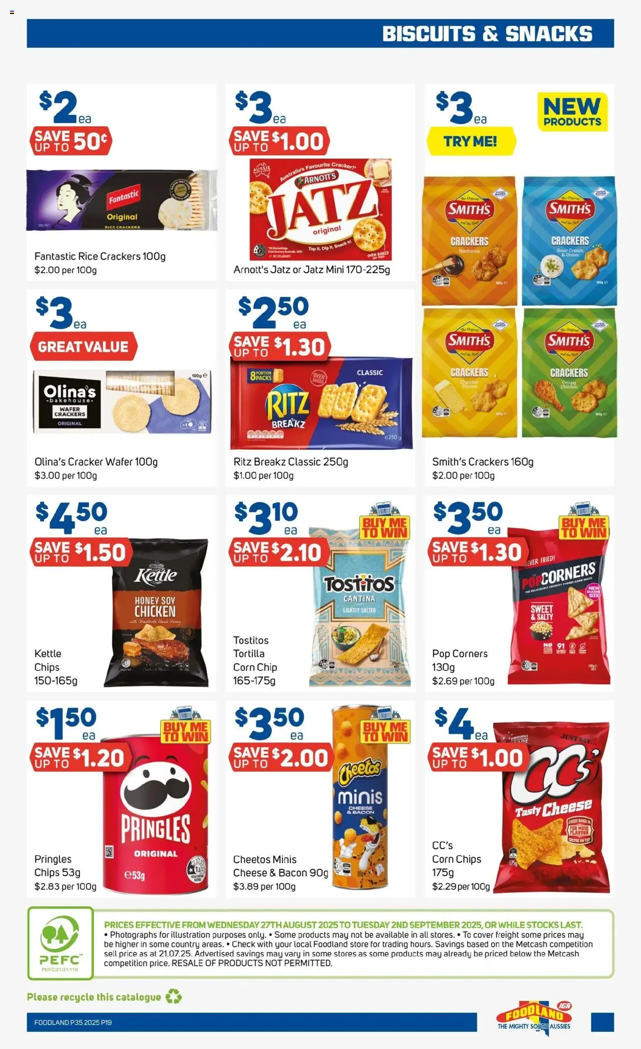 Foodland catalogue - valid from 27.08.2025 | Page: 19 | Products: Crackers, Honey, Chips, Biscuits