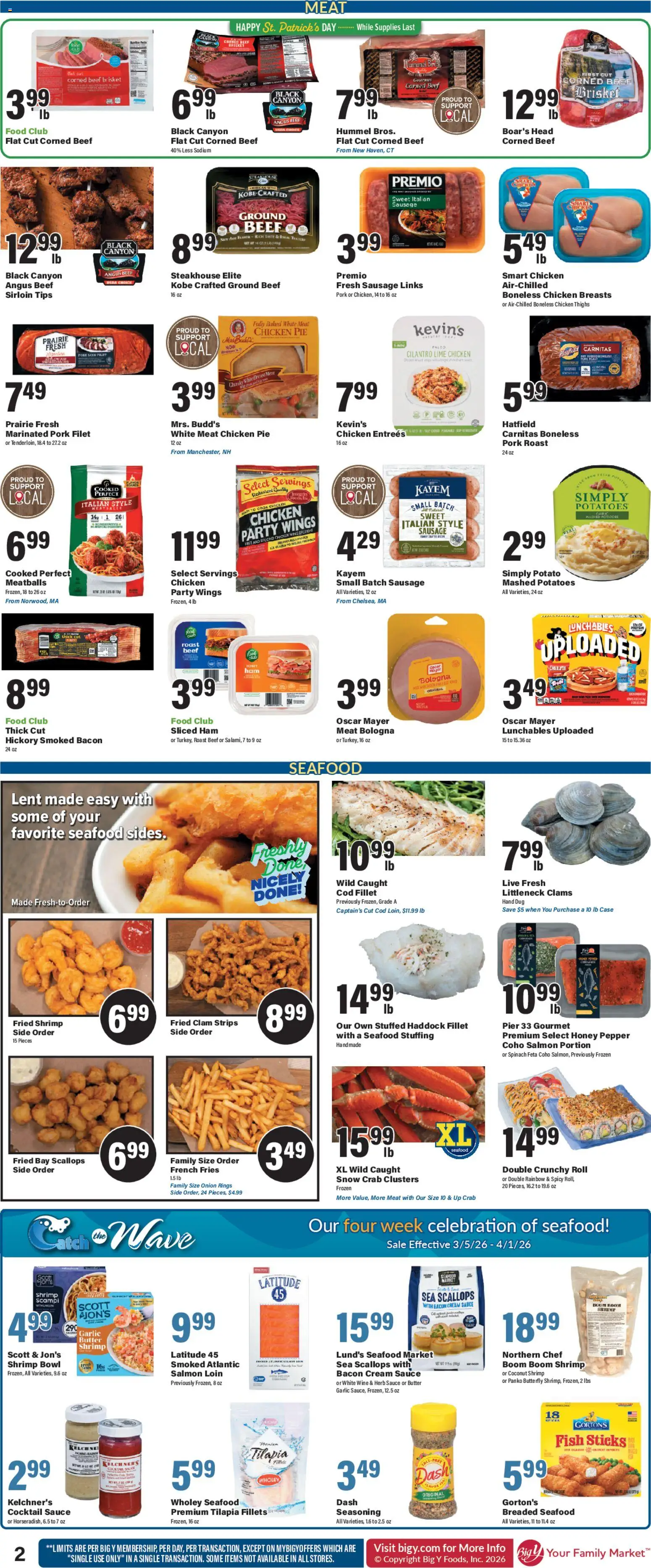 Big Y Weekly Ad - valid from 05.03.2026 | Page: 3 | Products: Butter, Pork, Potatoes, Seafood