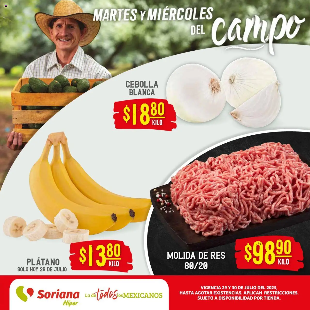 Nuevas ofertas de Soriana válidas en toda la República Mexicana desde el 29.07.2025. ¡Encuentra las mejores ofertas en Soriana - Folleto! | Página: 1 | Productos: Cebolla, Plátano, Res