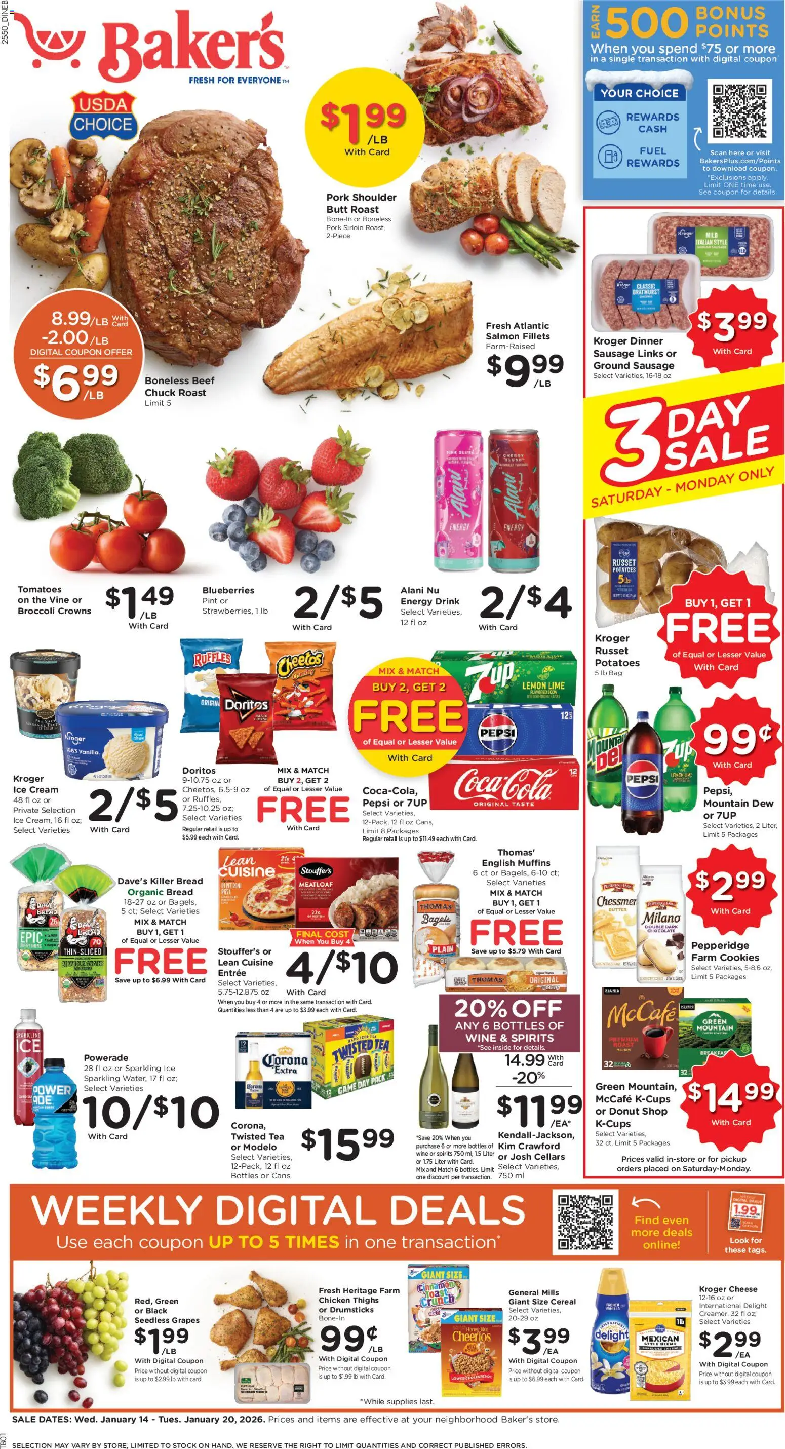 Baker's Weekly Ad - valid from 14.01.2026 | Page: 1 | Products: Wine, Cookies, Sausage, Lime