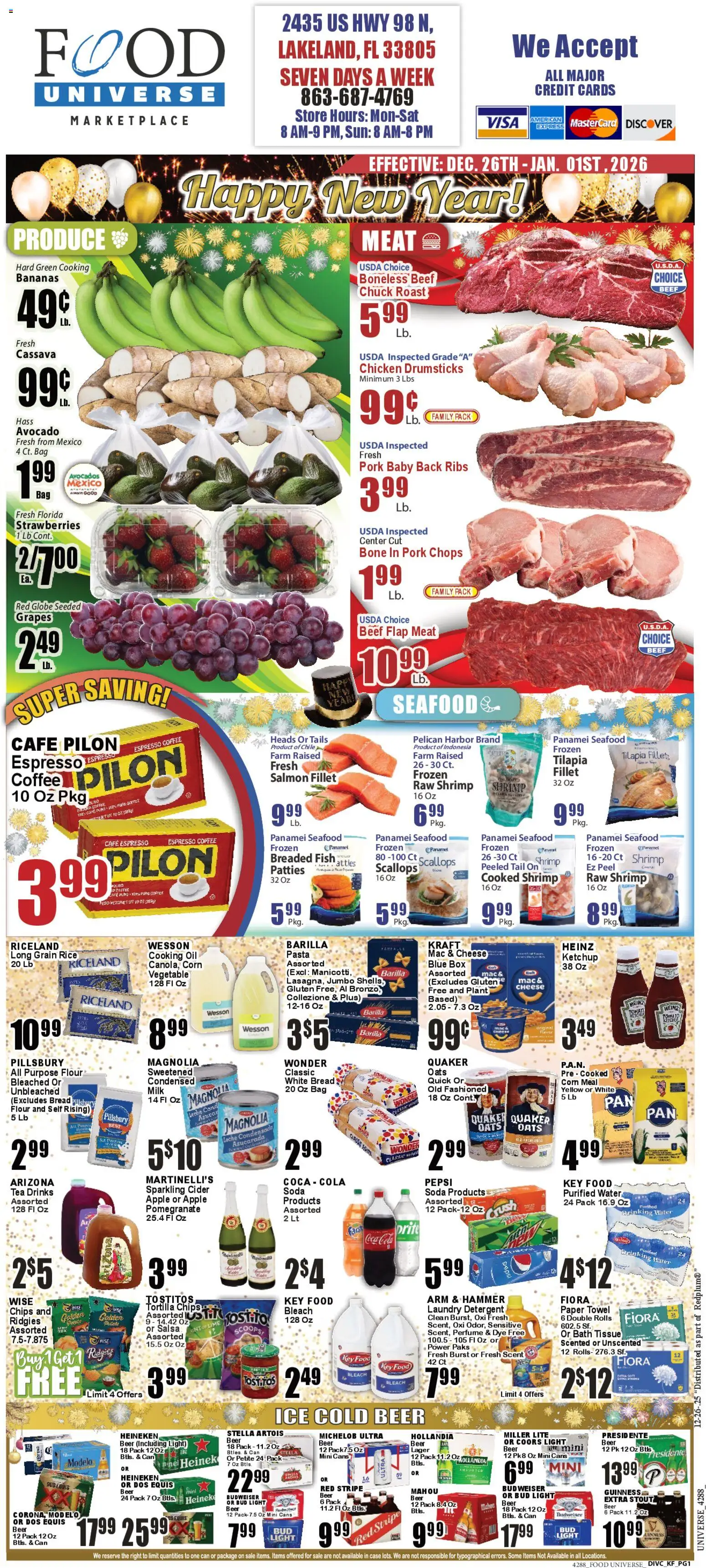 Food Universe Weekly Ad - valid from 26.12.2025 | Page: 1 | Products: Box, Bread, Beef, Bag