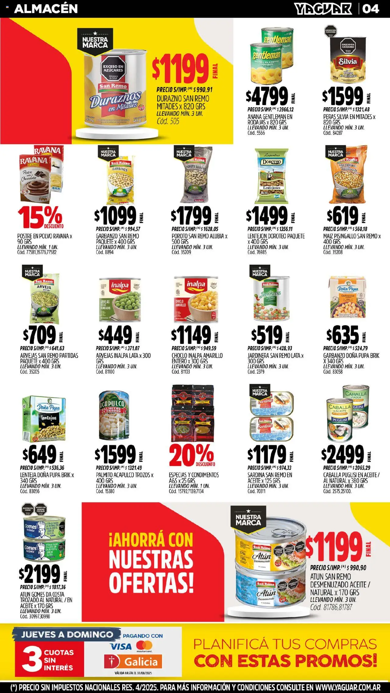 Yaguar - Córdoba │ válido desde el 18.08.2025 | Página: 4 | Productos: Choclo, Arvejas, Garbanzos, Chocolate