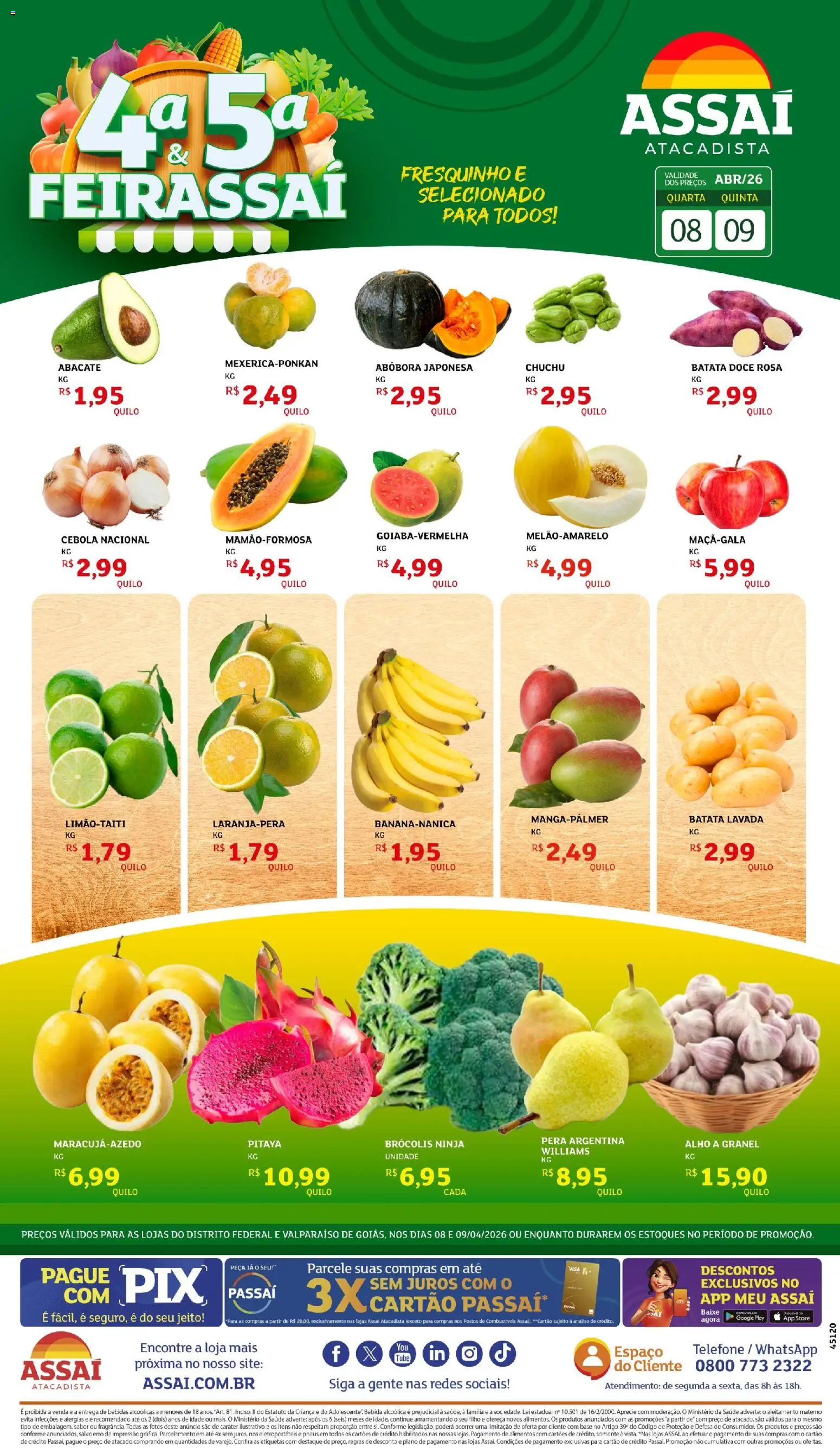 Assaí Atacadista Folheto - válido de 08.04.2026 | Página: 1 | Produtos: Base, Bebida, Brócolis, Telefone