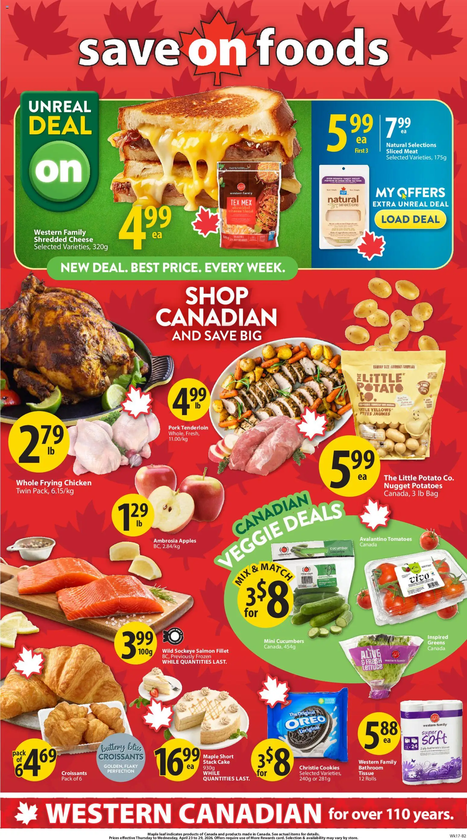 Save on foods flyer valid from 23.04.2026 | Page: 1 | Products: Potatoes, Bag, Pork, Apples