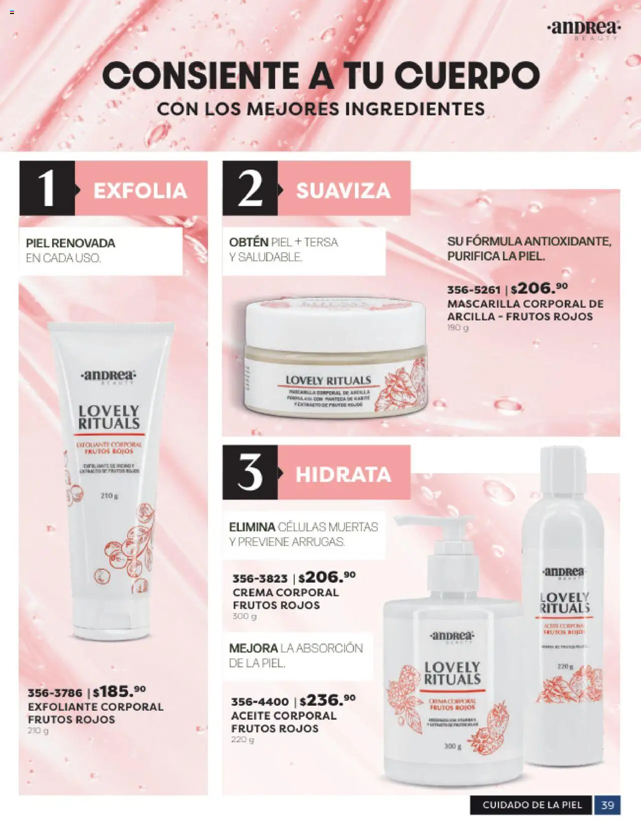 Nuevas ofertas de Andrea válidas en toda la República Mexicana desde el 24.08.2025. ¡Encuentra las mejores ofertas en Andrea - Catálogo Beauty Campaña 5! | Página: 39 | Productos: Crema, Exfoliante corporal, Aceite, Crema corporal