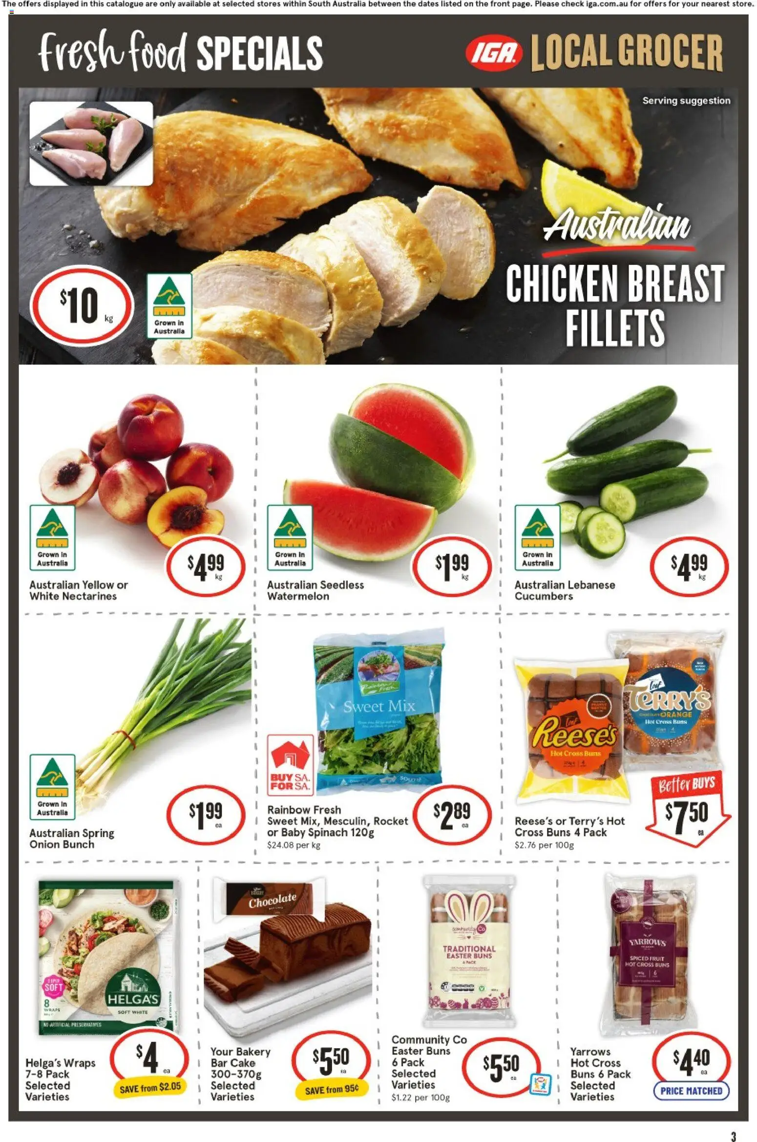 IGA catalogue - valid from 04.02.2026 | Page: 3 | Products: Chicken, Cucumbers, Spinach, Bakery
