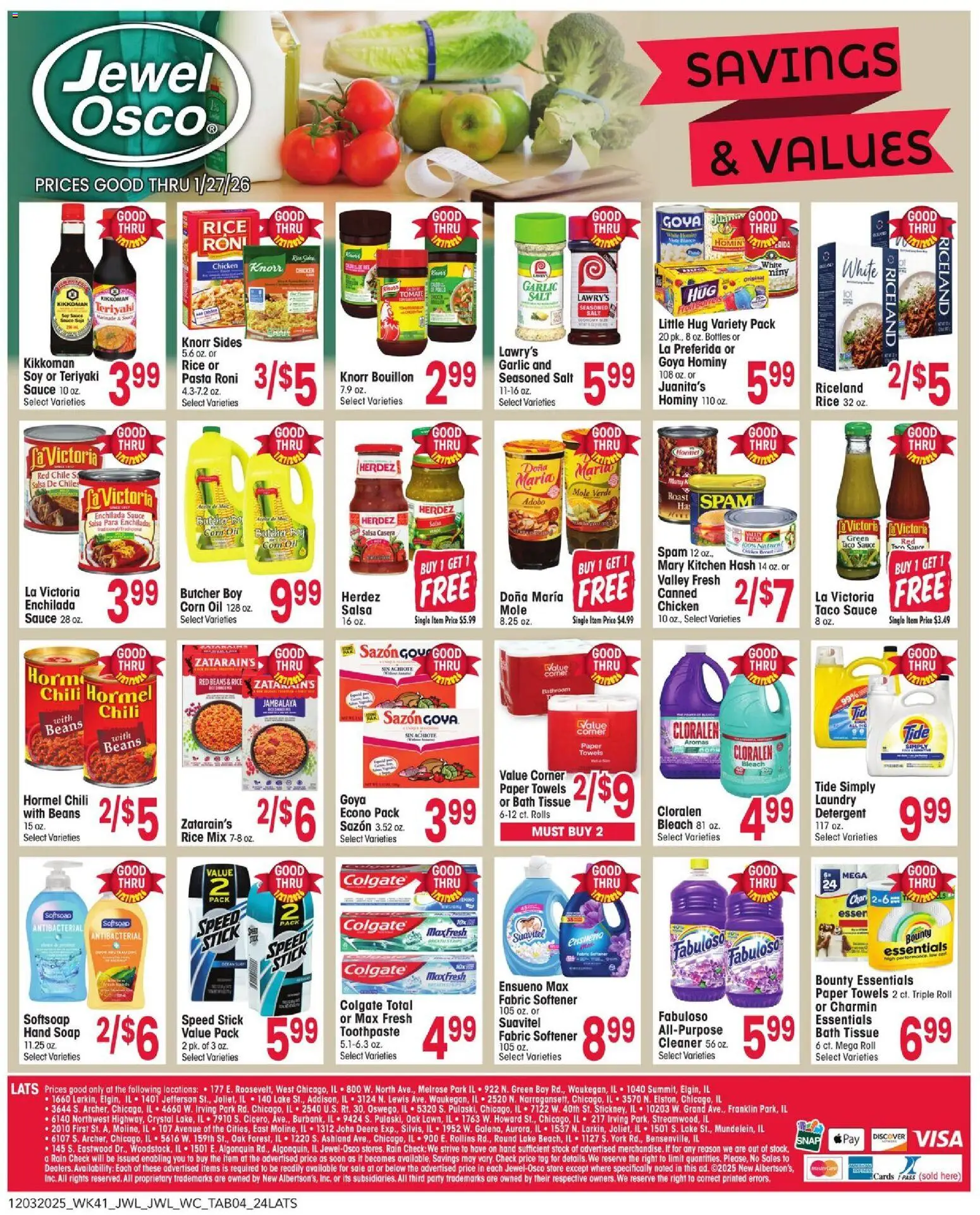 Jewel Osco Savings & Values Ad - valid from 03.12.2025 | Page: 4 | Products: Corn, Bath, Fabric softener, Sauce